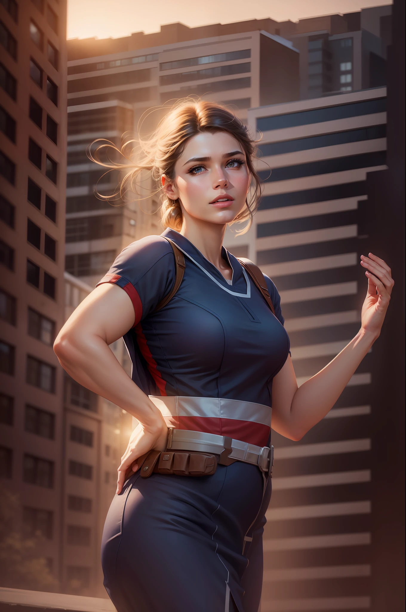 Realistic face, city background, high-quality captain america dress , details face ,high quality image,