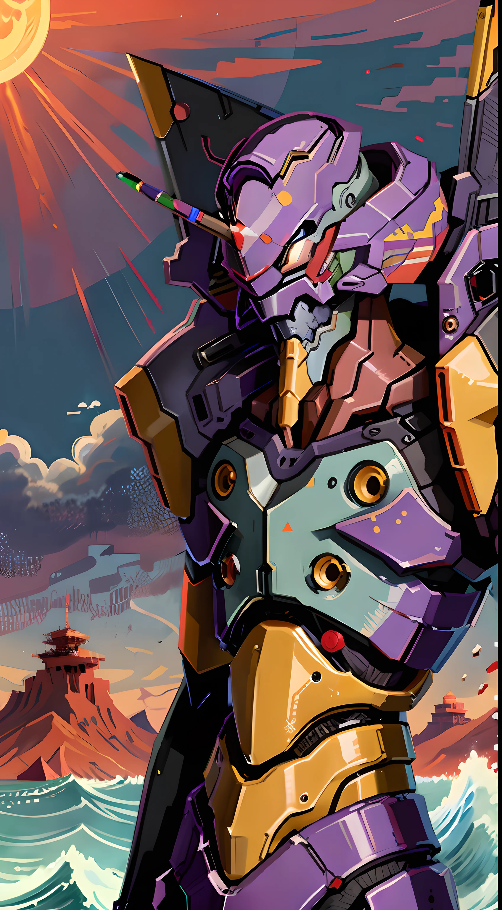 (eva 01), evagod, evangelion mecha, science fiction, looking at viewer, Oil painting, Ukiyo-e, waves, 8K, best quality,red ocean,red sun,red,Twilight, soft light,dusk