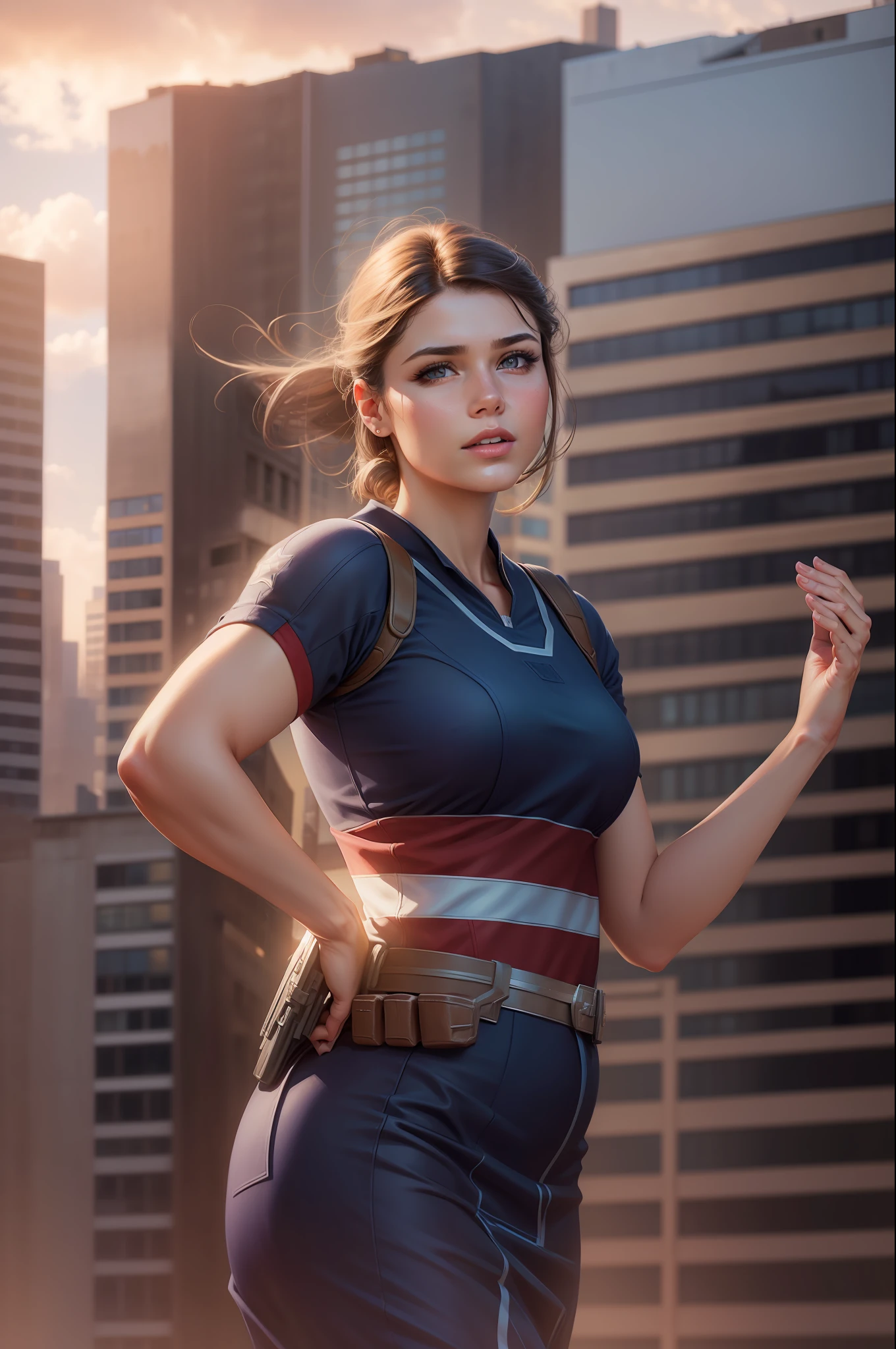Realistic face, city background, high-quality captain america dress , details face ,high quality image,