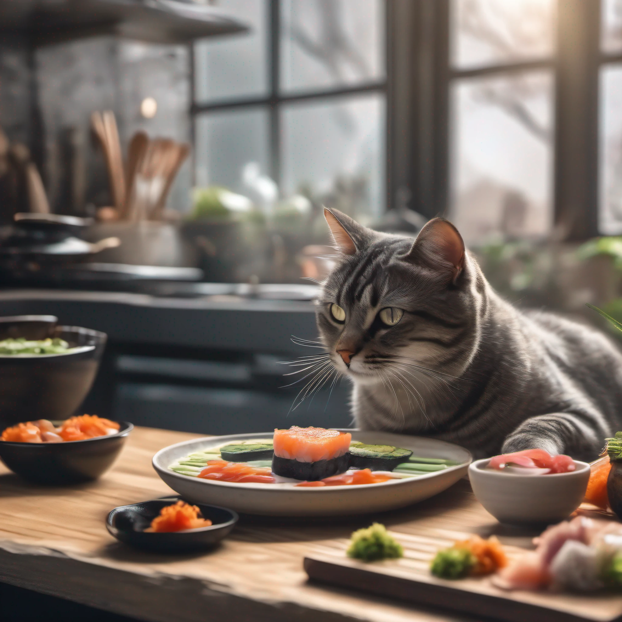 close-up photography of (grey tabby cat is preparing sushi on the table:1.2), (c4ttitude:1.3), in glasstech kitchen, hyper realistic, intricate detail, (foggy:1.1), pov from below