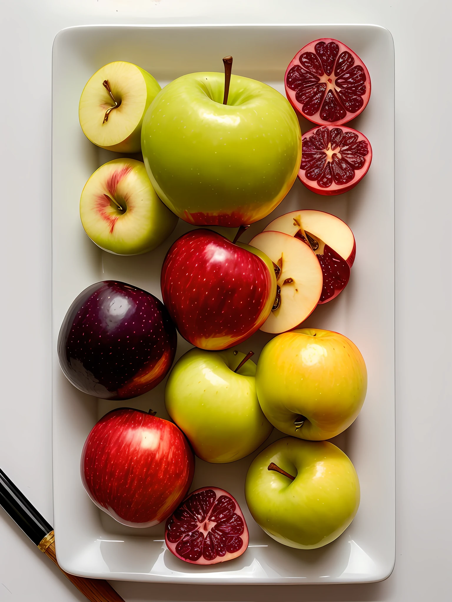 "Imagine a work of art depicting a juicy, colorful apple, Bright as a rainbow. The apple is the central point of the composition, com suas formas arredondadas e contornos suaves, convidando os espectadores a apreciarem sua beleza. The color palette is vibrant and lush, with rich and vivid tones that blend harmoniously on the surface of the apple. Vermelhos intensos, laranjas brilhantes, amarelos dourados, verdes exuberantes, azuis profundos e roxos encantadores criam uma sinfonia de cores que envolvem a fruta. Small details of light and shadow add depth and realism to the image, making the apple look almost palpable. Through this artistic representation, The apple turns into a symbol of vitality, frescor e alegria, cativando os espectadores e convidando-os a saborear sua beleza colorida."