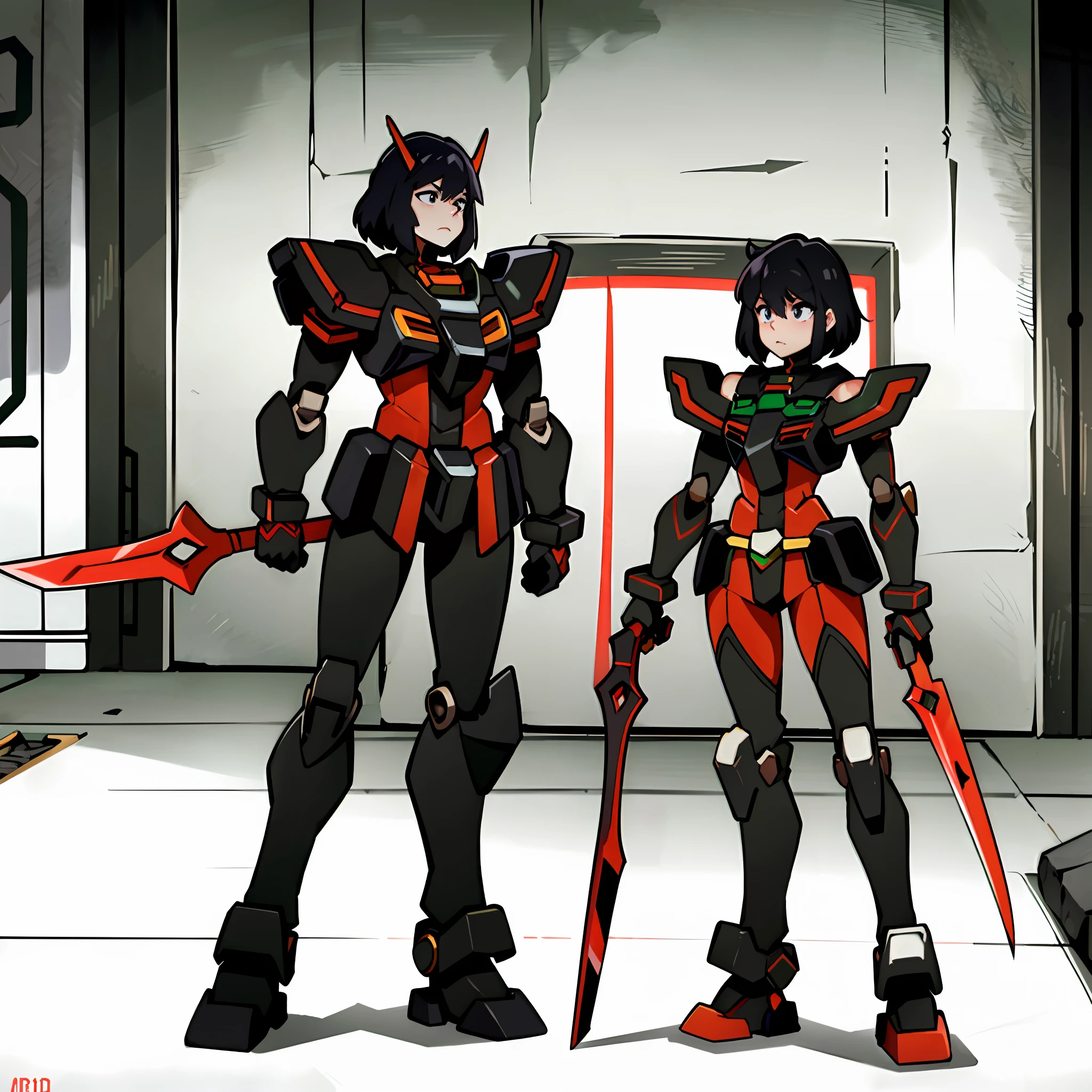 anime character heavily encased in heavy armor wielding a weapon (arm-mount sword) standing in a room, gurren lagan, in mecha cyber armor, anime mech armor, attractive, kill la kill illustration, covered in full metal armor, modern mecha anime, heavy black gundam armor, cool mecha style, ssss.gridman, black and red with white accents, slightly muscular, large red shoulder cape draped over shoulder, Heavy black armored arms and legs, white chest, black and red armored legs, black and red armored arms, white armored hands, 1Girl