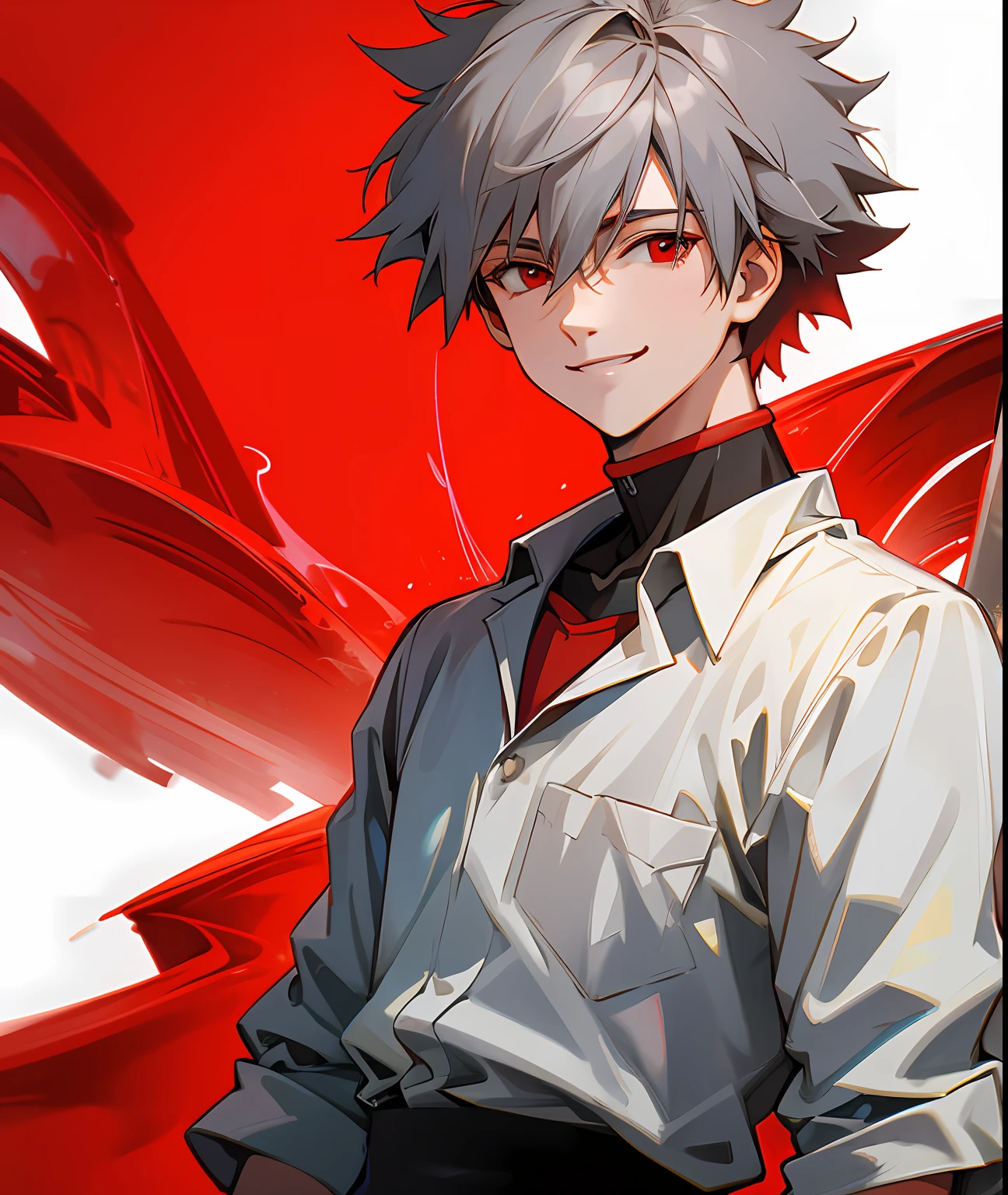 masterpiece,highres,highly detailed,male focus,1boy,solo,red eyes,grey hair,smile