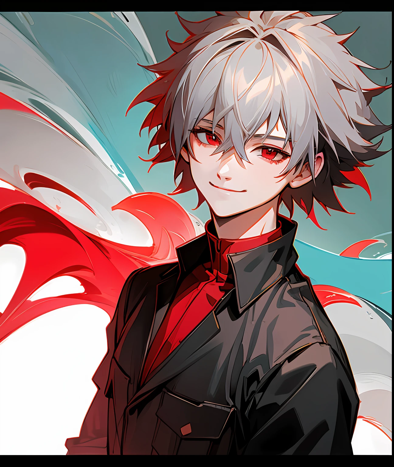 masterpiece,highres,highly detailed,male focus,1boy,solo,red eyes,grey hair,smile