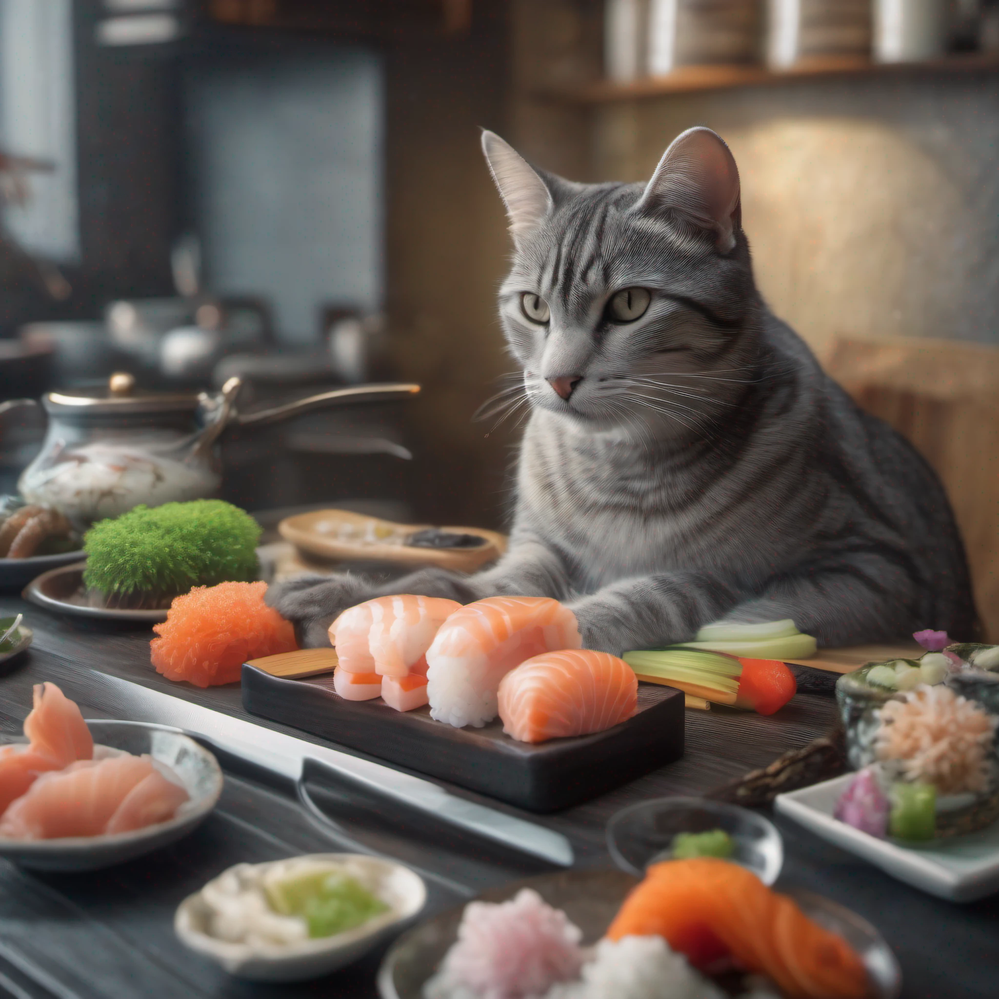 close-up photography of (grey tabby cat is preparing sushi on the table:1.2), (c4ttitude:1.3), in glasstech kitchen, hyper realistic, intricate detail, (foggy:1.1), pov from below