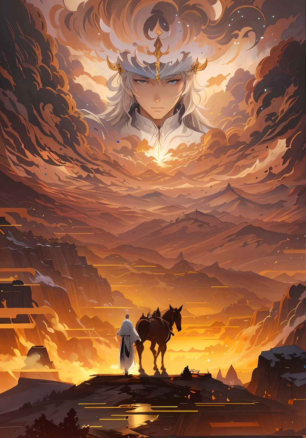 A man in a white robe stood next to the horse,His back,The bald head in the white robe is facing away from the screen,He looked ahead,Anime epic artwork, Anime fantasy illustration, Anime fantasy artwork, 2. 5 D CGI anime fantasy artwork, Detailed anime artwork, Epic fantasy digital art style, Detailed digital anime art, epic anime fantasy, Anime art wallpaper 4k, Anime art wallpaper 4 K, Epic fantasy art style, demon slayer artstyle