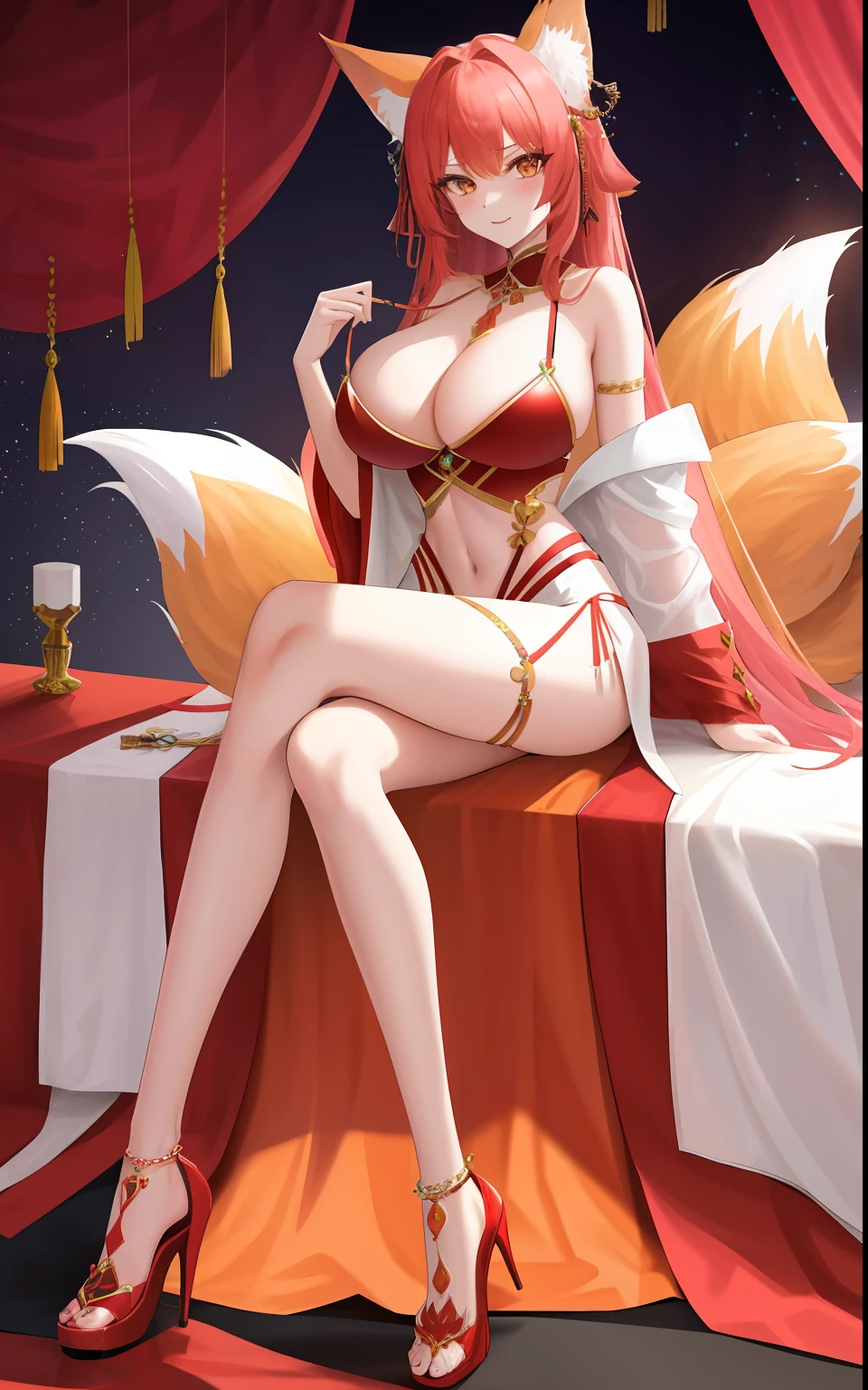 Royal Sister（1girll)，Nine-tailed foxman，Erotic sexy，Has nine tails，Hot figure，Slender body，huge tit，Erotic clothing，strappy heels，Long legs，full bodyesbian