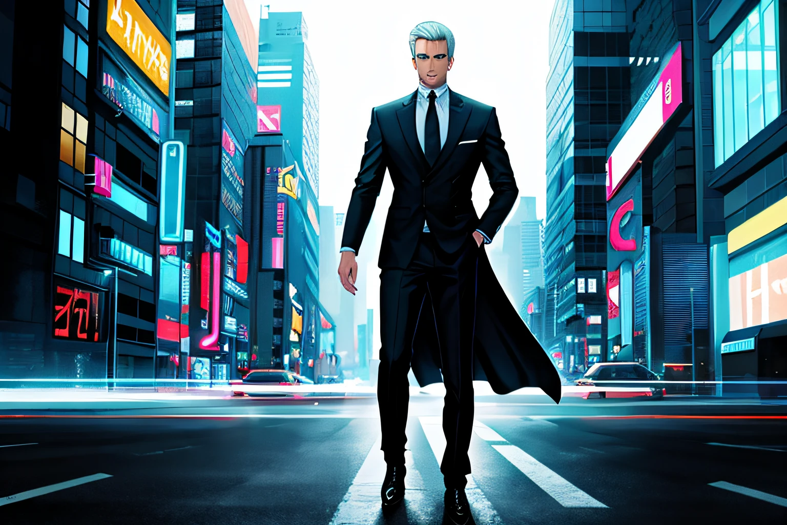 cyberpunk man in a suit and tie standing on a sidewalk, professional picture, anime style, detailed eyes, materpiece, ultra high res,