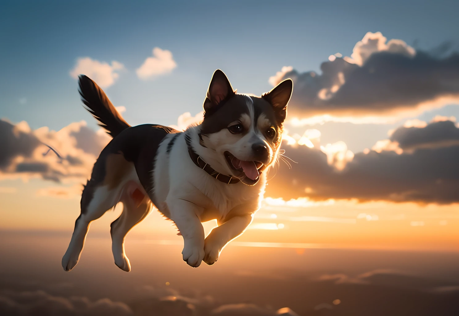 award winning portrait of a flying happy puppy in the clouds, bokeh, backlit