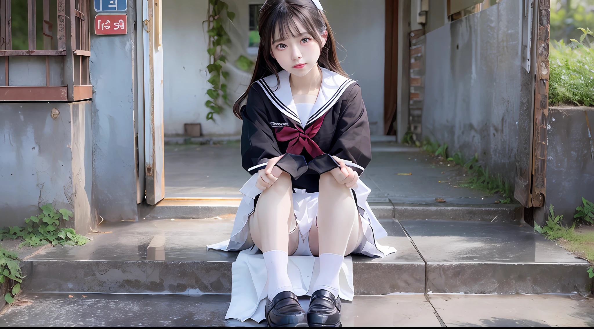 Full body portrait、delicated face、cute face、a 25yo woman、slim figure、Petite bust、a sailor suit、hi-school girl、white stockings、Outdoor Scene、Seats、Black loafers、best quality, masterpiece, ultra high res, (photorealistic:1.4), RAW photo,8K,Angle from the side、Sit with both knees bent、Hold your knees with your arms、The whole body enters the screen
