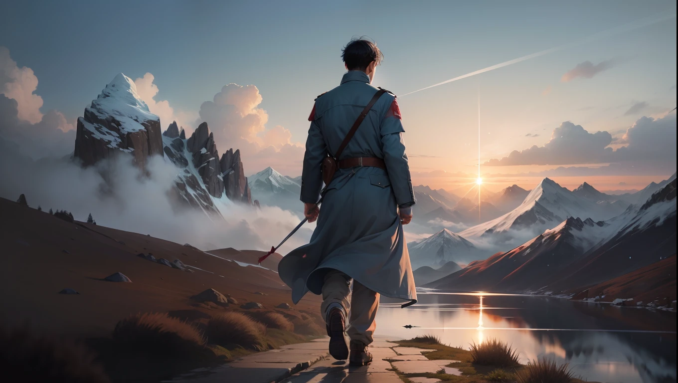 The boy in the gray-blue uniform of the Red Army walked with his chest straight,His back dances in the mountains and rivers。The sun shines,Reflecting his resolute eyes and the flame of pursuit。The mountains rise and fall,Just like in his pursuit of ideals。wind blowing through,Blow away the glitz between his coats,Leave a firm heart to shine on a lonely journey。Nemu,It is a heroic flower blooming between the mountains and rivers,His back,Forever engraved in the chapter of time。