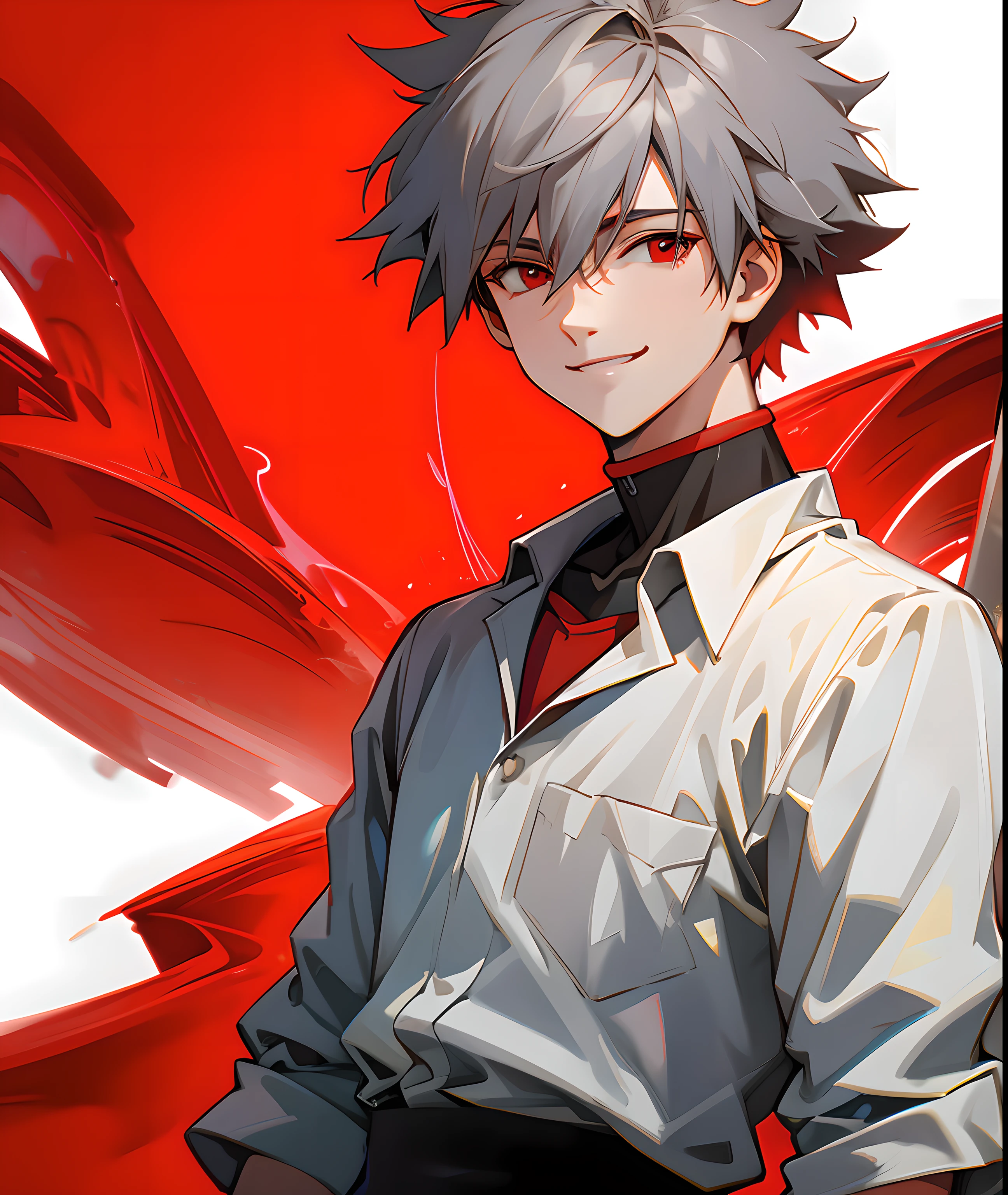 masterpiece,highres,highly detailed,male focus,1boy,solo,red eyes,grey hair,smile