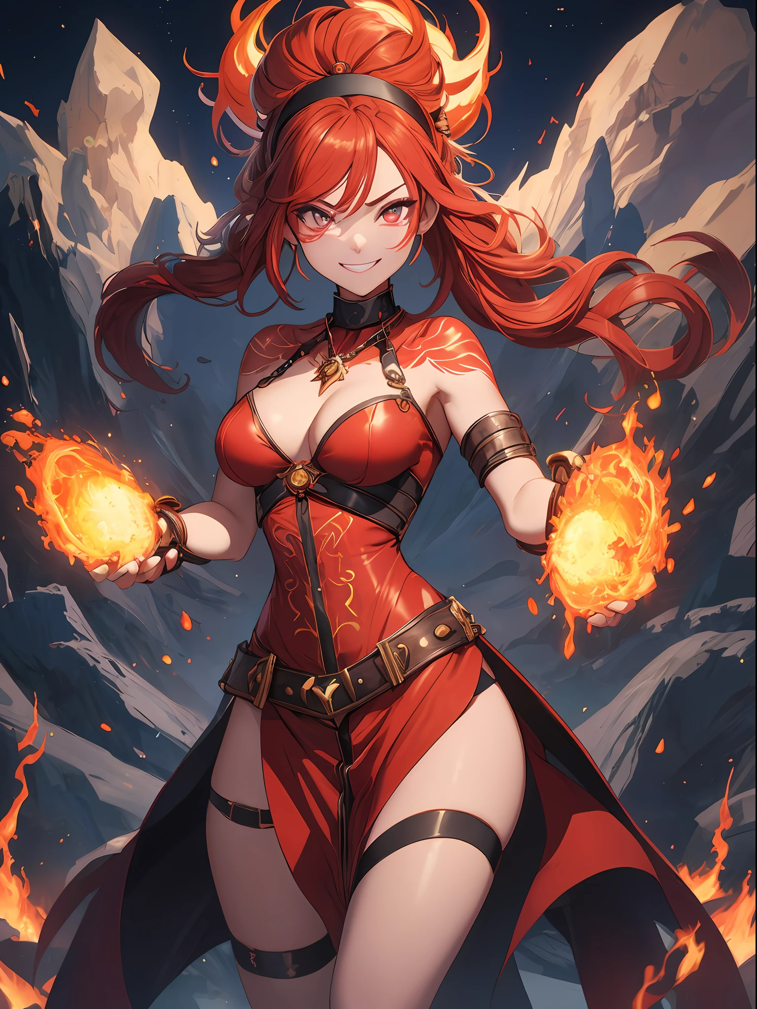 Pyromancer queen, 1girl, Long braided hair, volcano hairband ornament, well endowed animated style, wide hips, perfect face, redhead hair color, (fire ashes dress, flames), evil grin, volcabo bracers, jewelry, ice ornate necklace, collarbone, anatomy, symmetrical body paint tattoo, action pose, battle stance, prfm style, double eyelid, smile, holding a Fireball