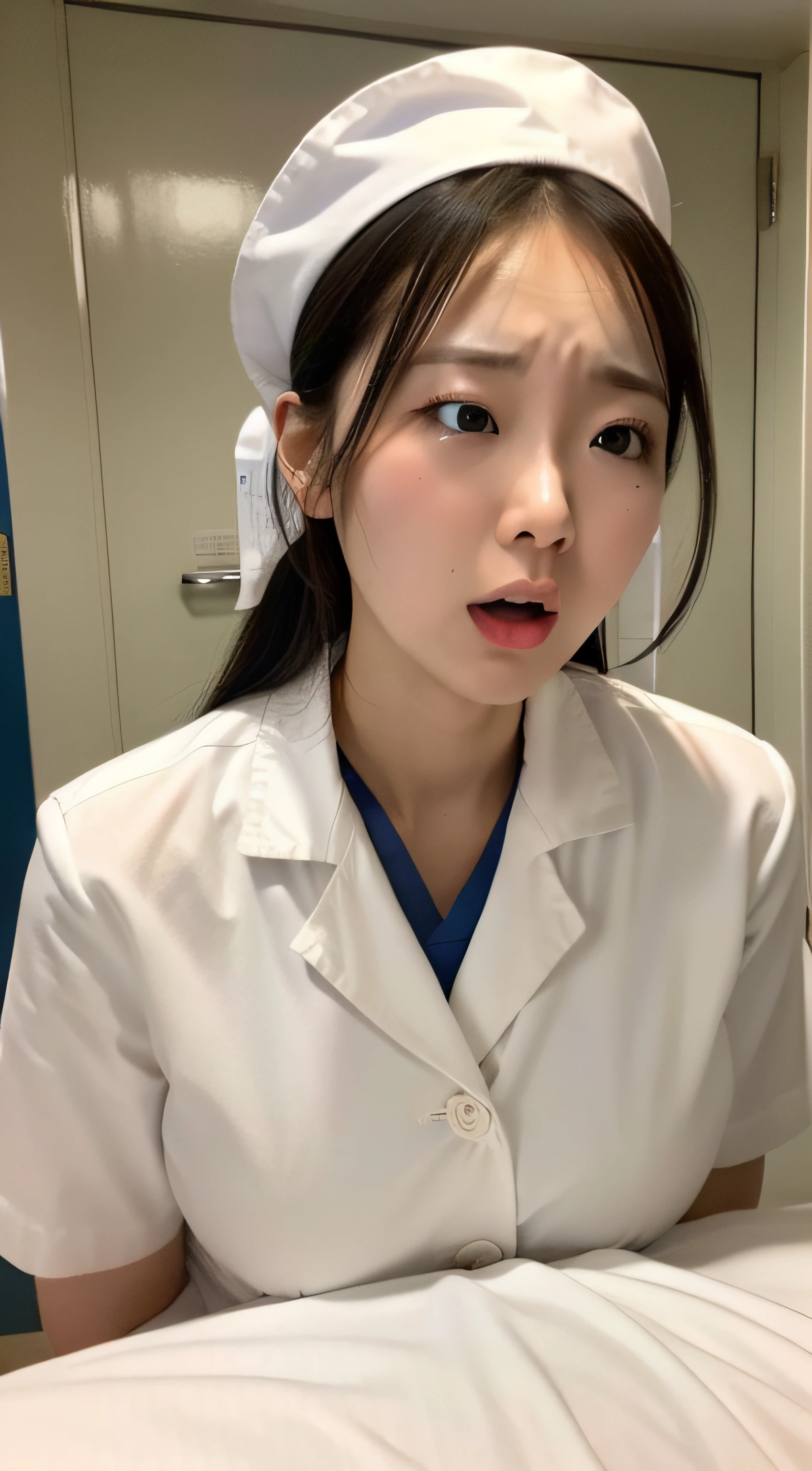 In a hospital,White nurse's uniform,cross-eye,huge tit,staredown,weeping ,Very excited,Suffocating,Can't breathe,climaxing,climaxing,It's almost gone,To go,scowling,Blushlush,Trembling