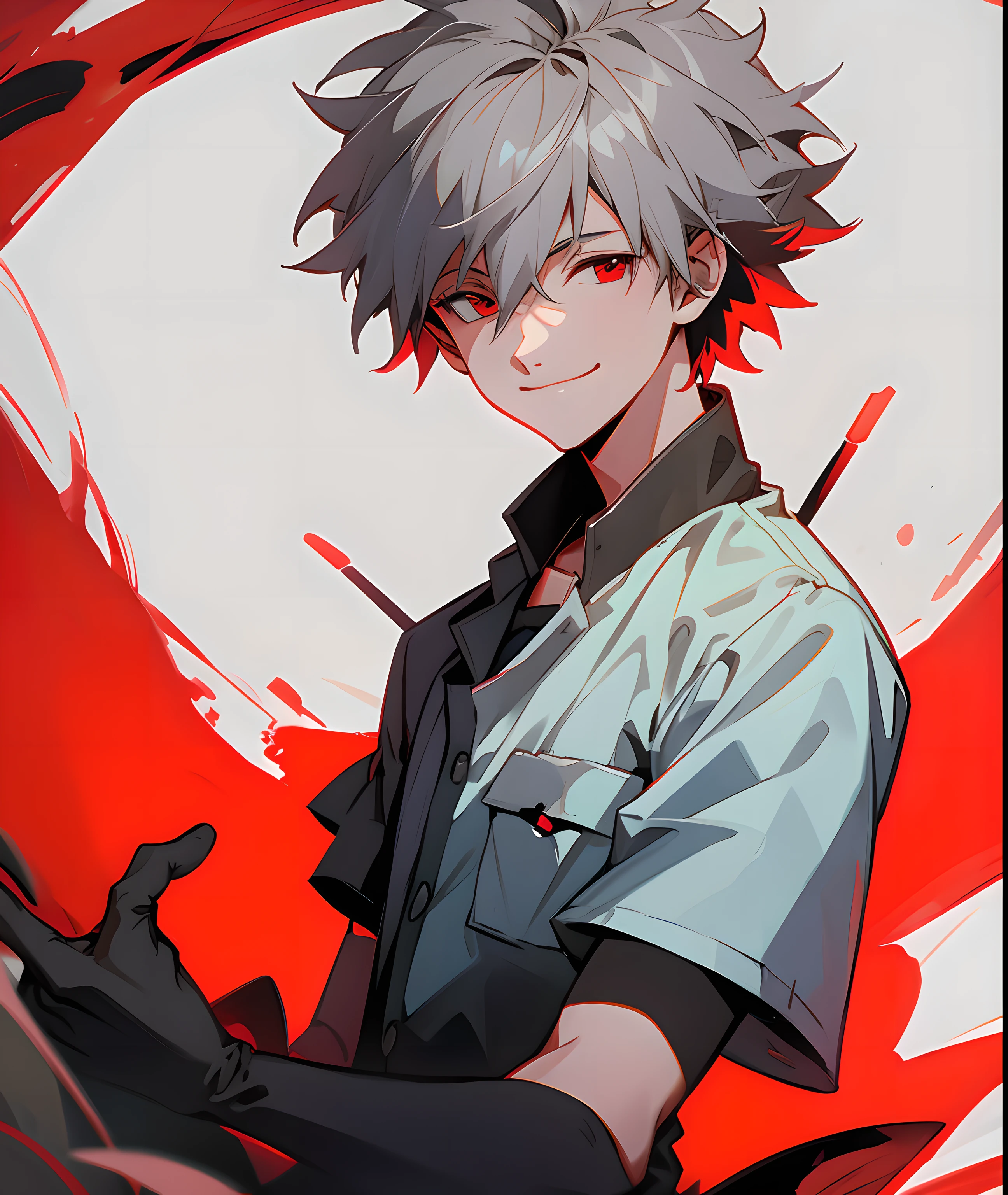 masterpiece,highres,highly detailed,male focus,1boy,solo,red eyes,grey hair,smile