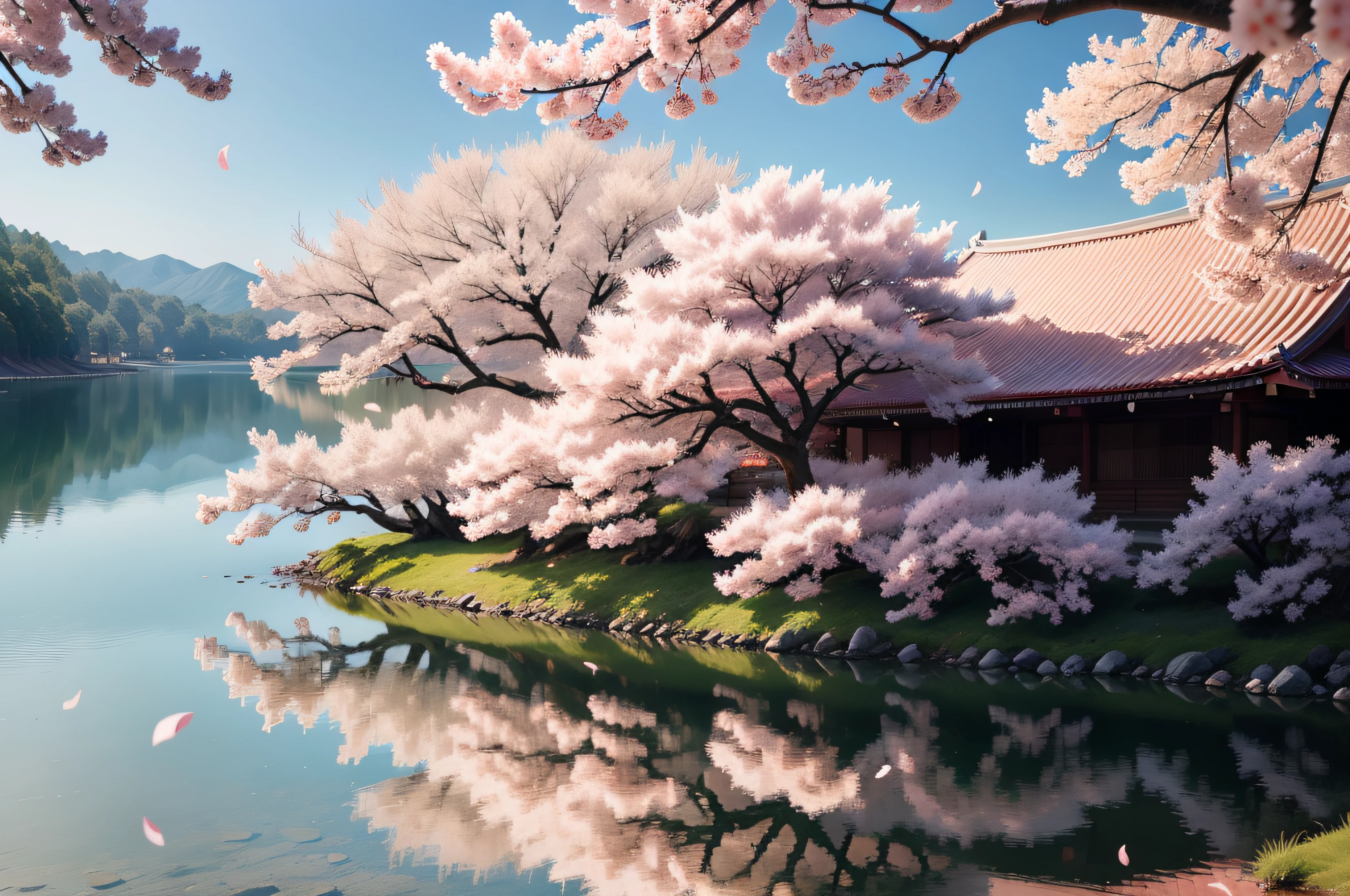 lake cherry trees flower petals Cherry blossoms fall The tree々