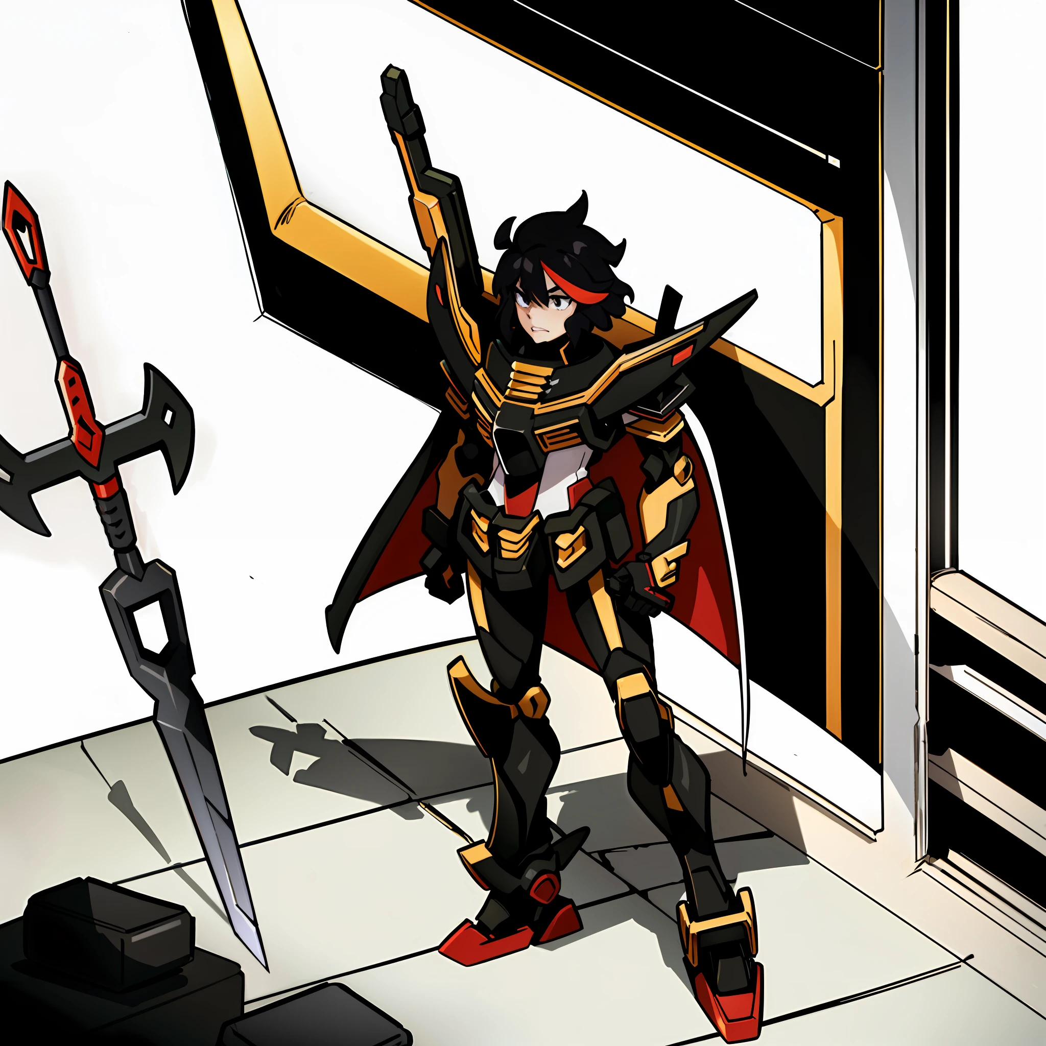 anime character heavily encased in heavy armor wielding a sword (arm-mount sword) standing in a room, ryuko matoi, gurren lagan, in mecha cyber armor, anime mech armor, attractive, kill la kill illustration, covered in full metal armor, modern mecha anime, heavy black gundam armor, cool mecha style, ssss.gridman, kill la kill, black and red with white accents, slightly muscular, large red shoulder cape draped over shoulder, Heavy black armored arms and legs, white chest, black and red armored legs, black and red armored arms, white armored hands