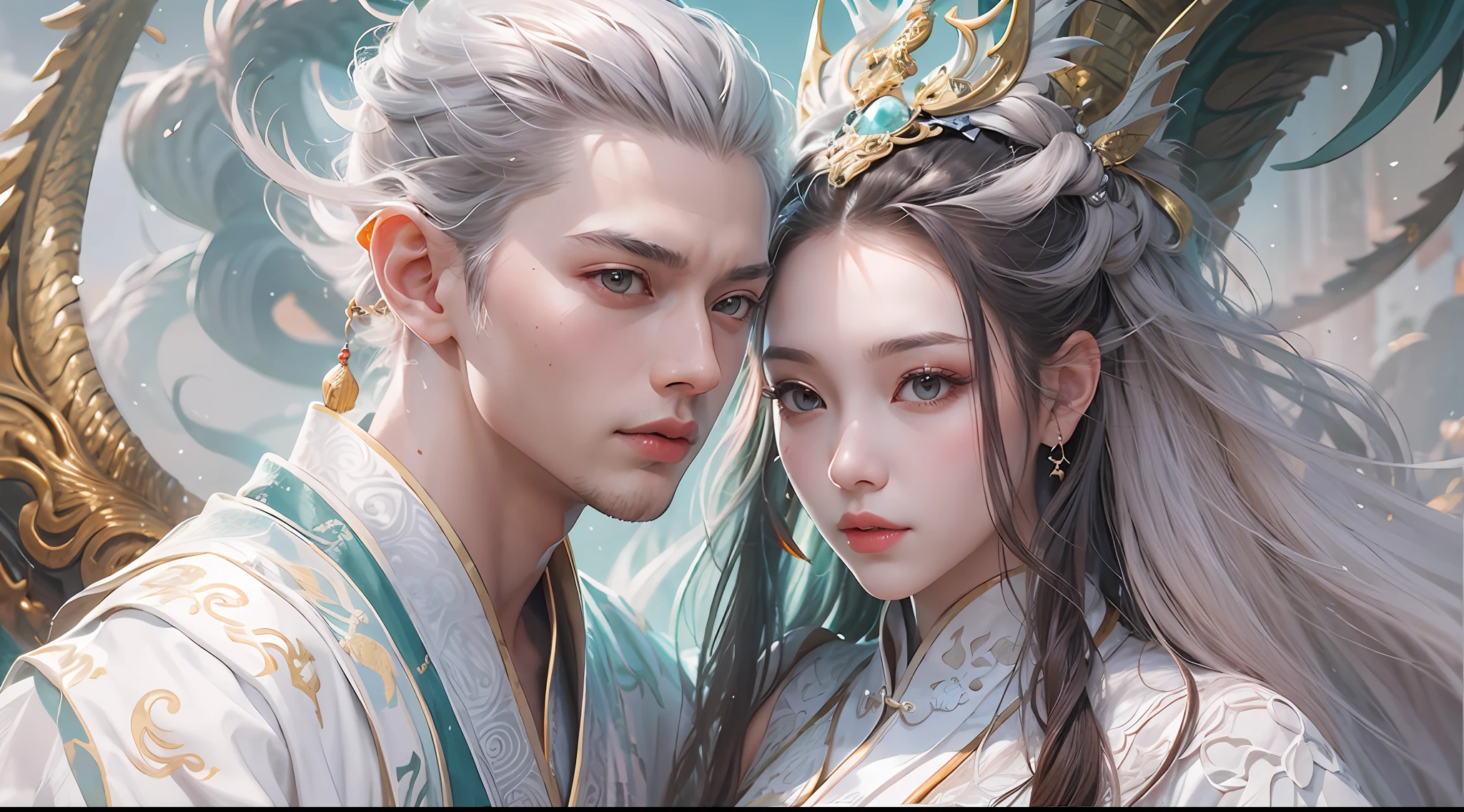 Close-up of a young couple wearing a white dragon dress on their heads，Chinese fantasy，beautiful digital artworks，Ross Tran 8 K，xianxia fantasy，Fenghua Bell，Chinese style，Dragon-inspired cloth robe，Ross Tran和Wlop，