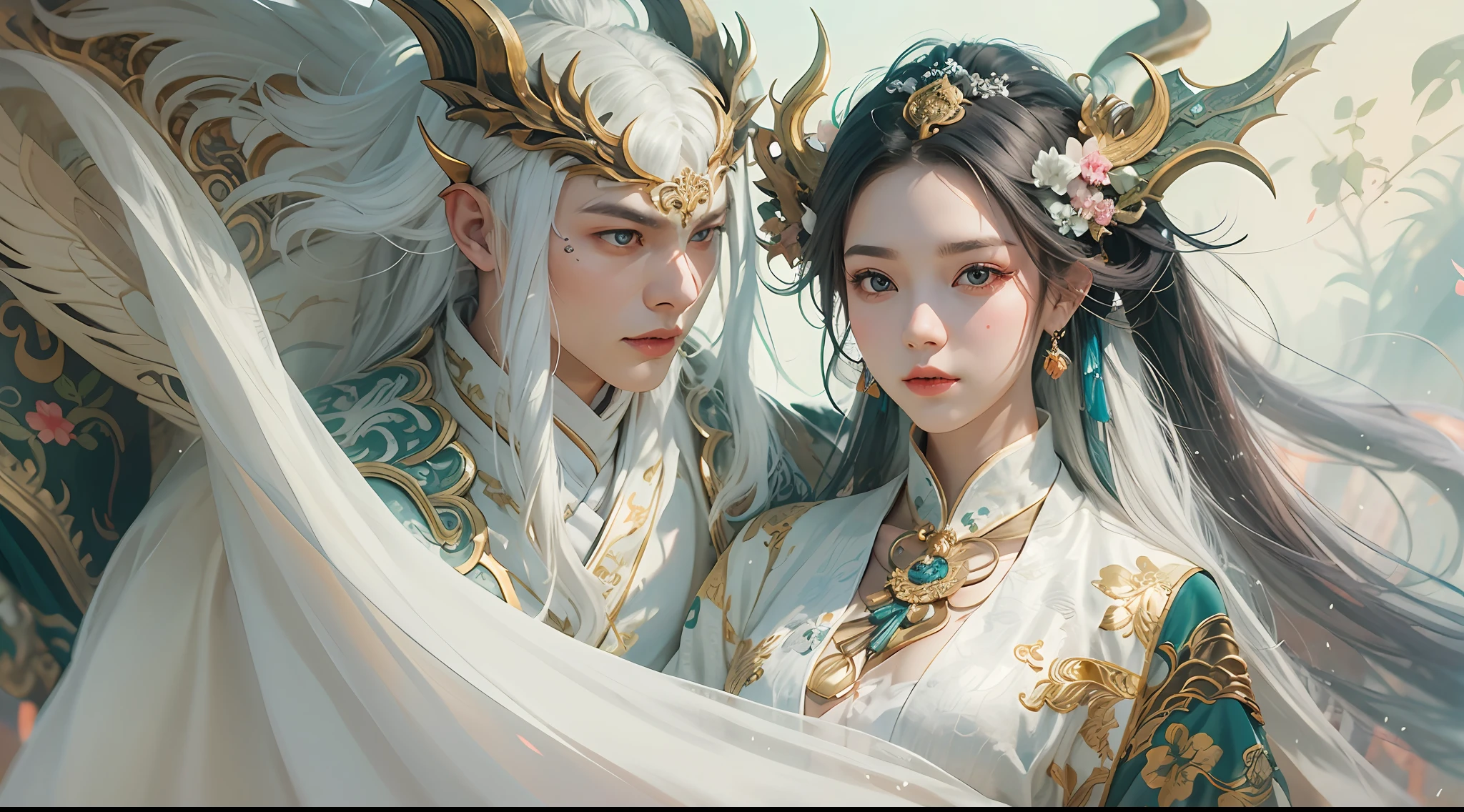 Close-up of a young couple wearing a white dragon dress on their heads,Chinese fantasy,beautiful digital artworks,Ross Tran 8 K,xianxia fantasy,Fenghua Bell,Chinese style,Dragon-inspired cloth robe,Ross Tran和Wlop,