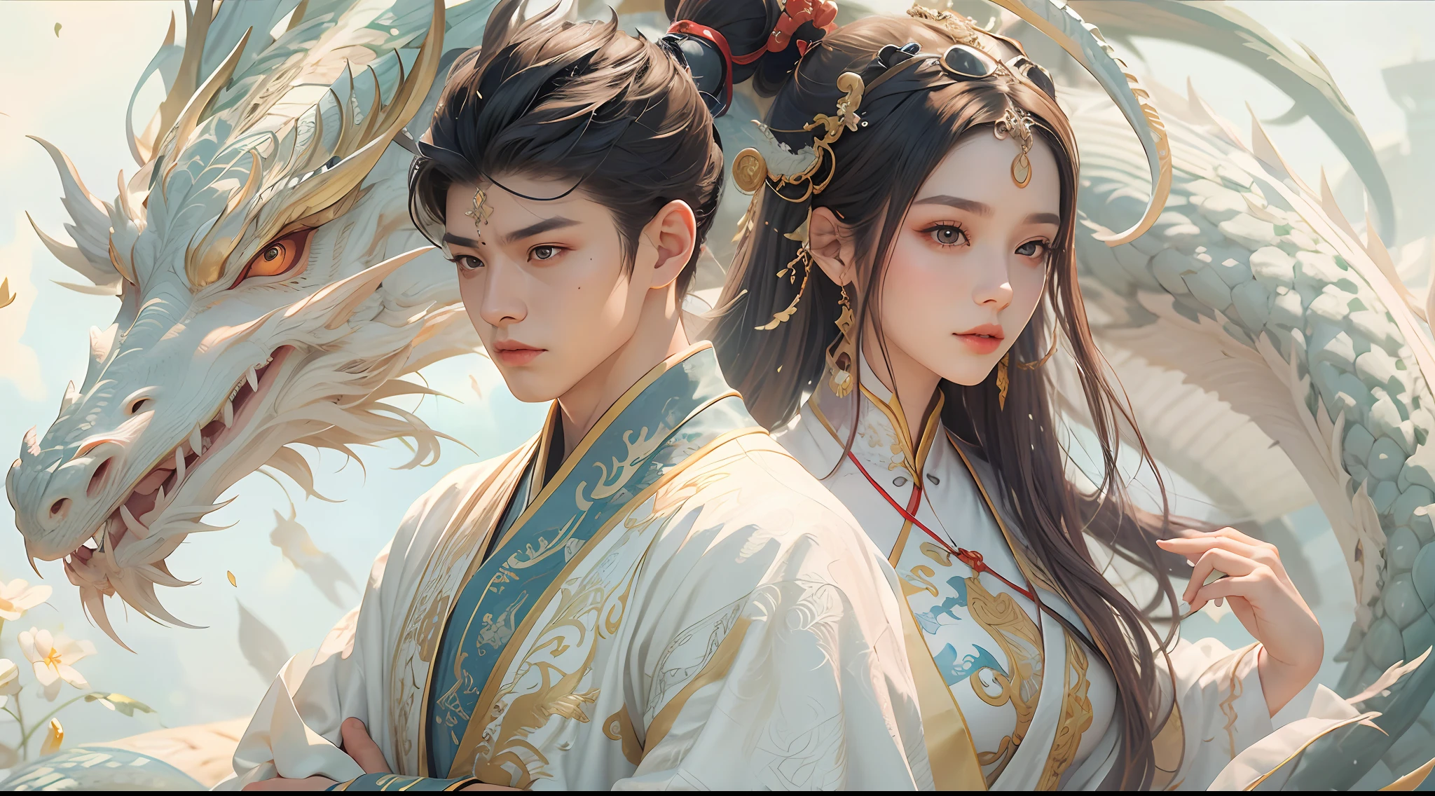Close-up of a young couple wearing a white dragon dress on their heads,Chinese fantasy,beautiful digital artworks,Ross Tran 8 K,xianxia fantasy,Fenghua Bell,Chinese style,Dragon-inspired cloth robe,Ross Tran和Wlop,