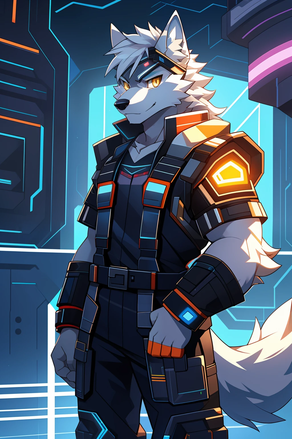 cyber punk perssonage,epcot,Tech style,solo person,White body,White ears,White hair,Overall white,Orange-yellow eyes,Wolf tail,Wolf orcs,Young,Wear a short-sleeved shirt,Ultra-clear screen,Soft lines