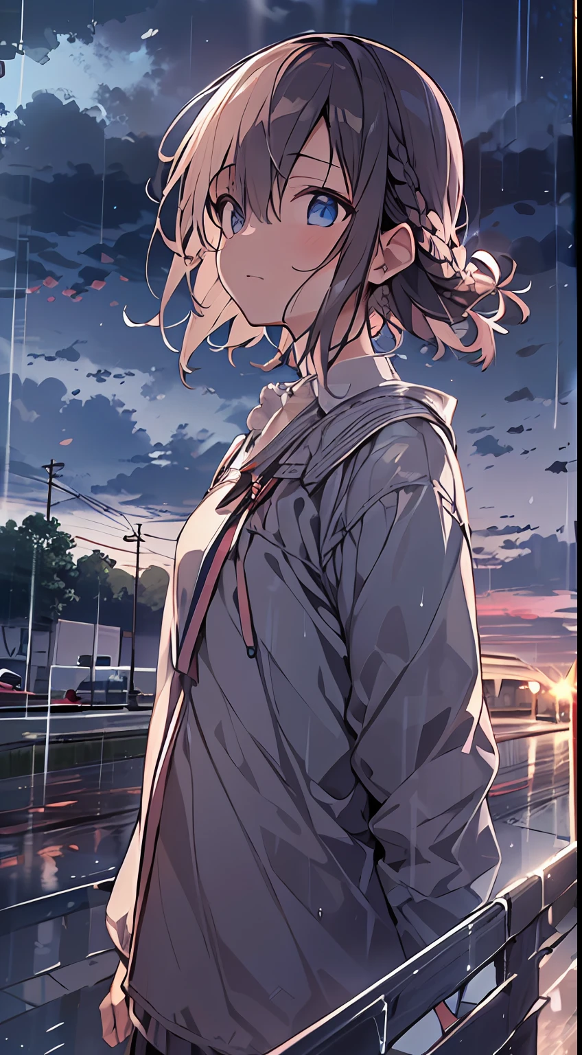 masutepiece, Best Quality,Illustration, Wallpaper, Ultra Detail, absurderes, 1girl in, Solo, (Medium short hair、short braided hair), Beautiful detailed eyes, after rain , (Street:1.3), Bright sky after rain、Hair that flutters in the wind,(a panoramic view:1.3),(Sense of depth:1.5),(longshot:1.3)