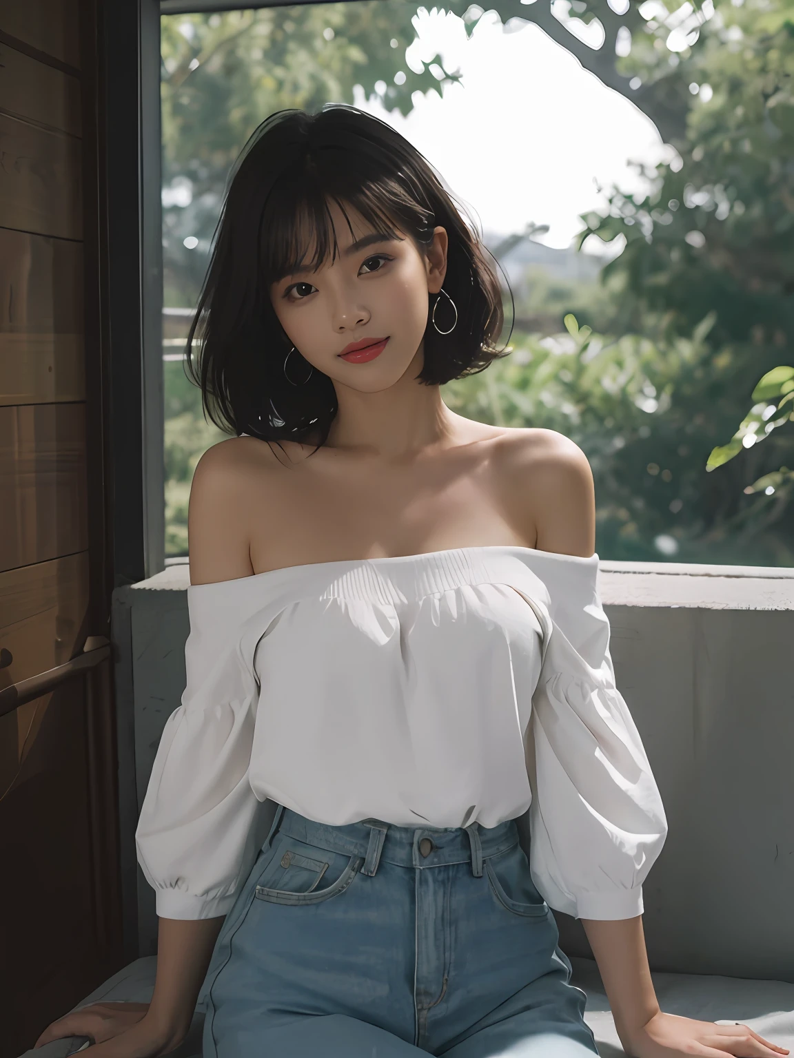 best qualityer, tmasterpiece, Ultra-high none, (Fotorrealista: 1.5), RAW photogr, 1girll, offshoulder, In the dark, deep shading, discreet, cold light, sexy looks, short hair, nouveau,Blackn clothes,middlebreast,ssmile