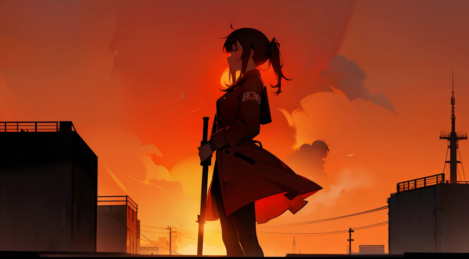 communism, working class girl, industrial city, silhouette comrades background, red star tower, red flag