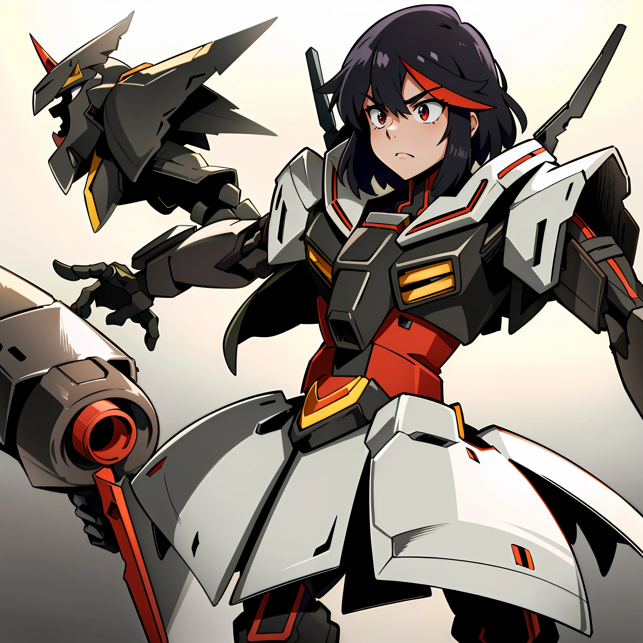 anime character heavily encased in heavy armor standing in a room, ryuko matoi, gurren lagan, in mecha cyber armor, anime mech armor, attractive, kill la kill illustration, covered in full metal armor, modern mecha anime, heavy black gundam armor, cool mecha style, ssss.gridman, kill la kill, black and red with white accents, slightly muscular, large red shoulder cape draped over shoulder, black cuirass chest,