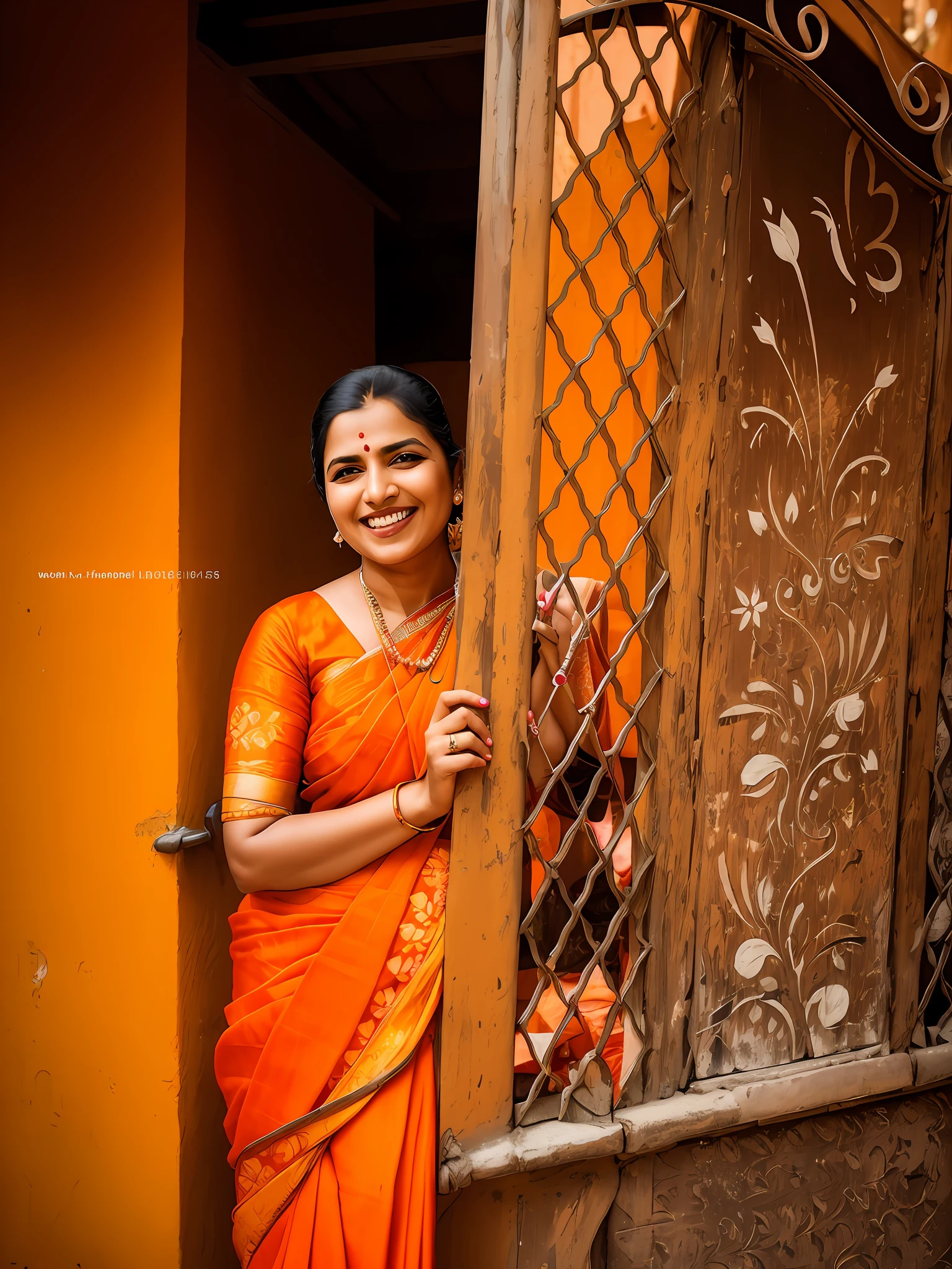 smiling woman in orange sari standing behind a gate with a painted flower design, portrait mode photo, candid photography, photo taken with canon 5d, shot on sony a 7, inspired by T. K. Padmini, shot on sony a 7 iii, shot on nikon z9, !! low contrast!!, traditional photography, with a happy expression, in a scenic background
