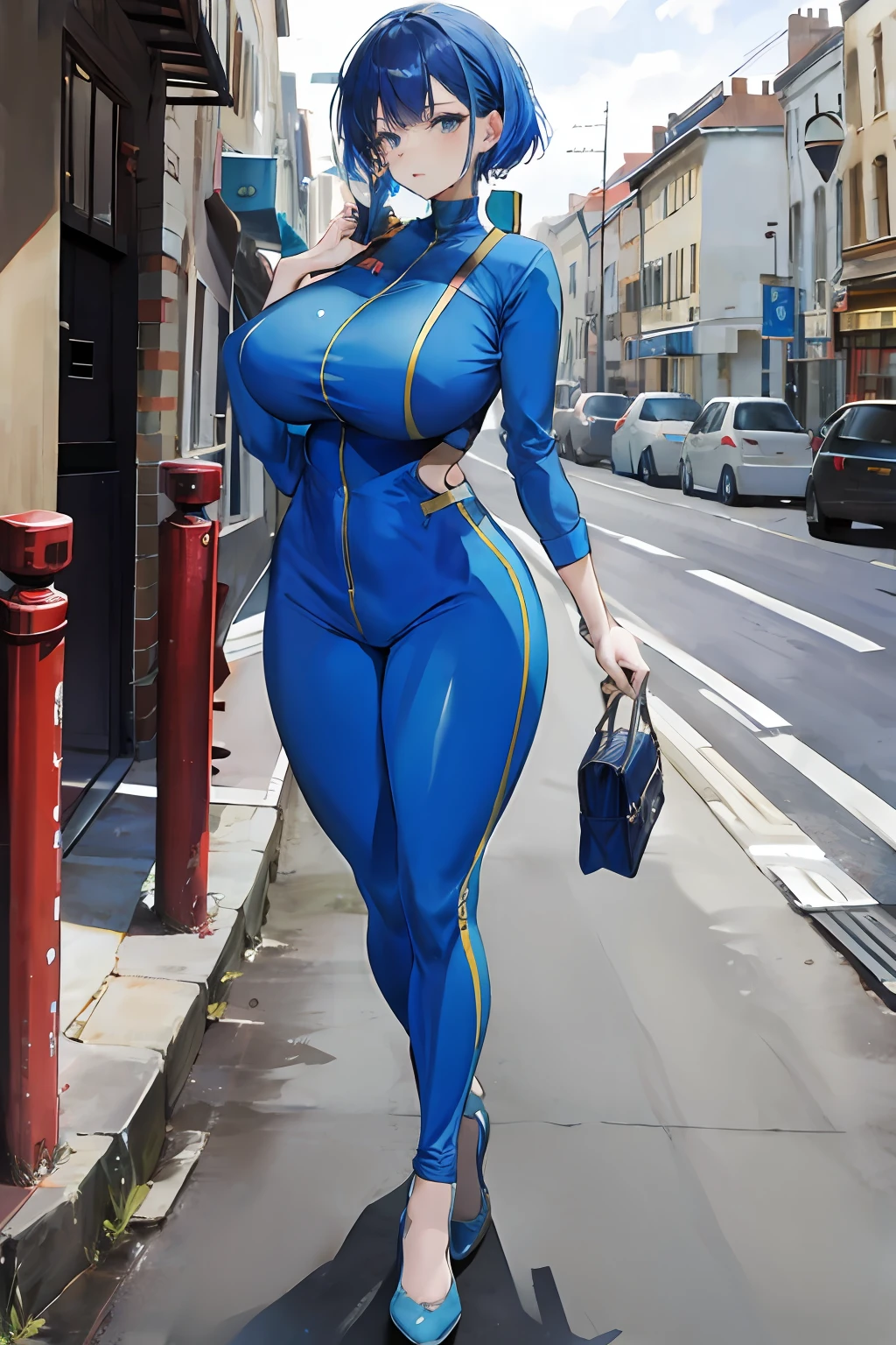 One-piece tights,Blue jumpsuit,Standing on the ground,huge tit