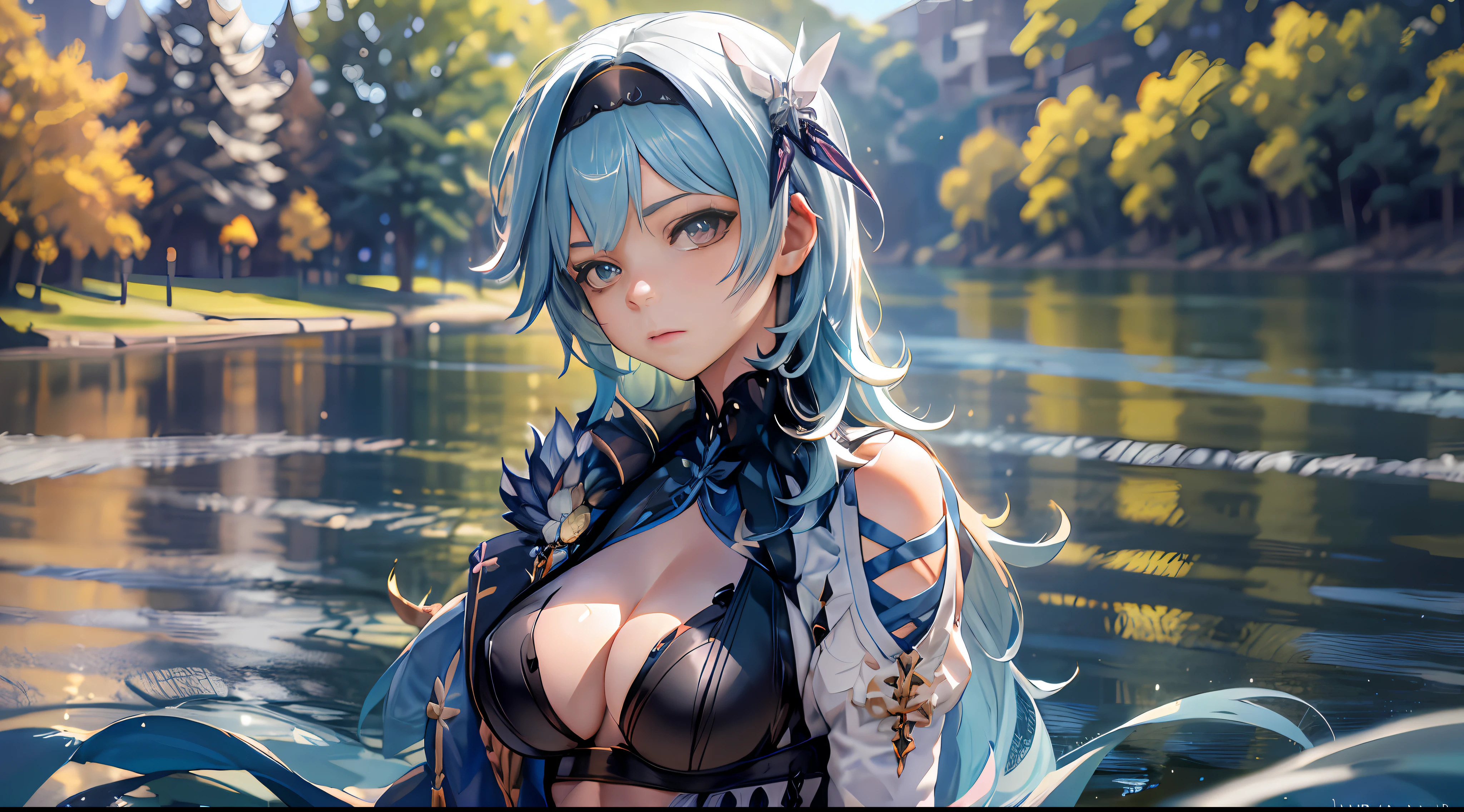 Eula Genshin Impact, Iwhole body, (NSTDA.:1.2), (10, beste-Qualit, master-piece: 1.4), ultra-high resolution, (lifelike, photorealistic portrait: 1.48), 25 age, Cute Girl, (Look neatly through the bikini:1.11), Famous Japanese actors, Beautiful breasts, Blue Eyes, Head tilt, cowboy shot, from the side, looking at the audience, expressionless, Beautiful lake, Zeiss 150mm F/ 2.8 Hasselblad, Whole body, foot, Ultra-Wide Angle