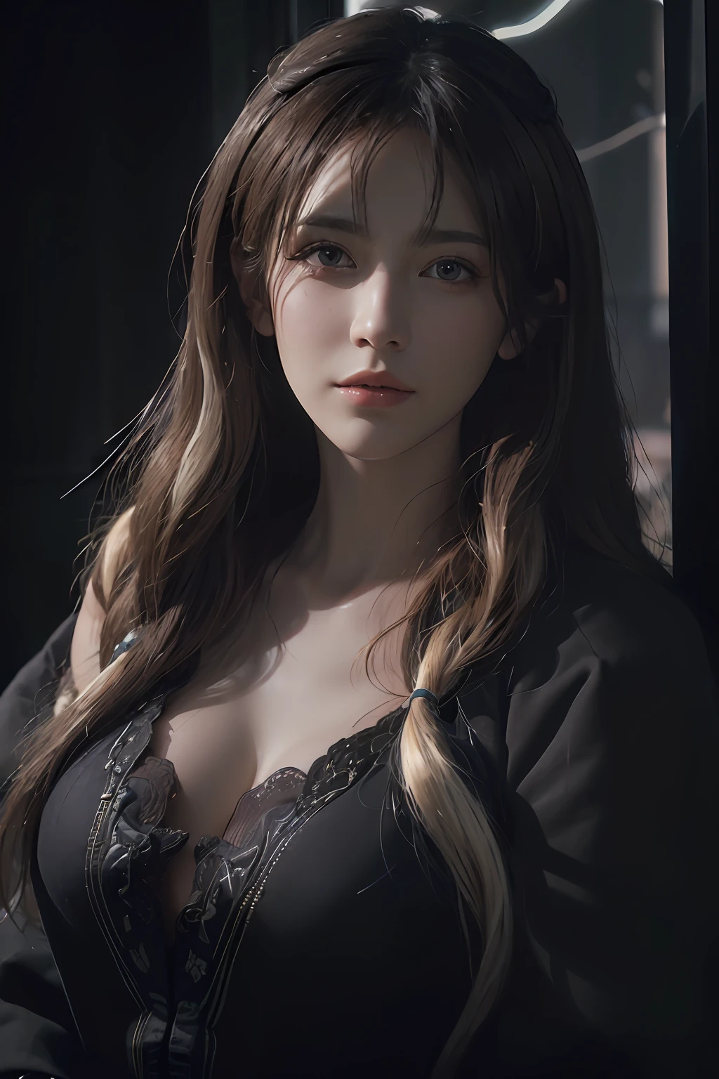 (front focus), (in the dark:1.6), Hyperrealist portrait of female by david hockney and alphonse mucha, fantasy art, photo realistic, dynamic lighting, artstation, poster, volumetric lighting, very detailed faces, 4 k, award winning, 1girl, in the dark, deep shadow, low key, cowboy shot, (official clothing:1.4), long hair, white hair