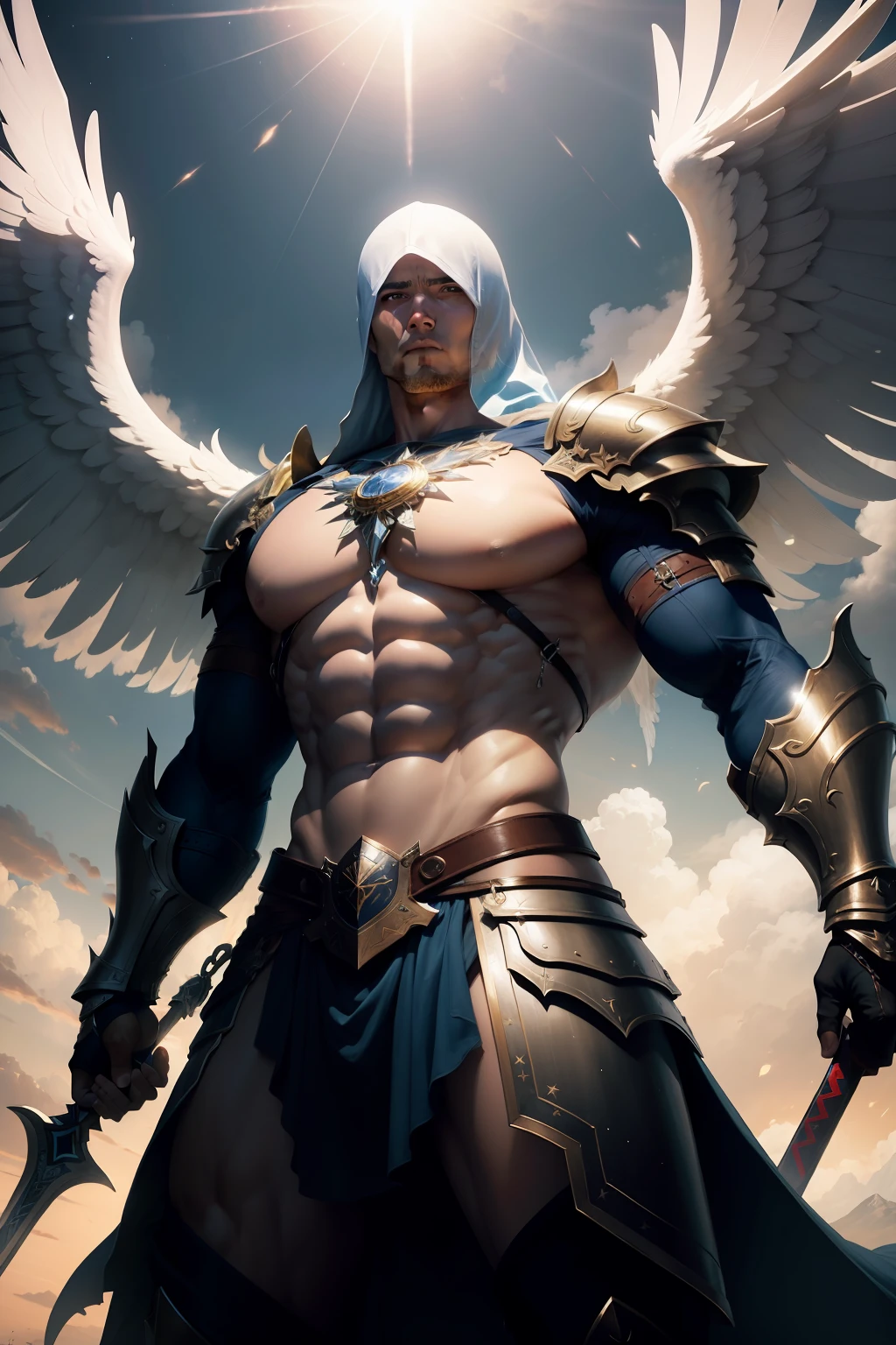 Create the image of an ultra-realistic bottomless sky man warrior angel with towering wings, feitas de penas douradas e prateadas que refletem a luz celestial. His armor is detailed, highlighting strong muscles and a majestic posture. With a heavenly sword studded with luminous gems in one hand and a shield decorated with divine symbols in the other, He prepares to protect the heavens from supernatural threats.