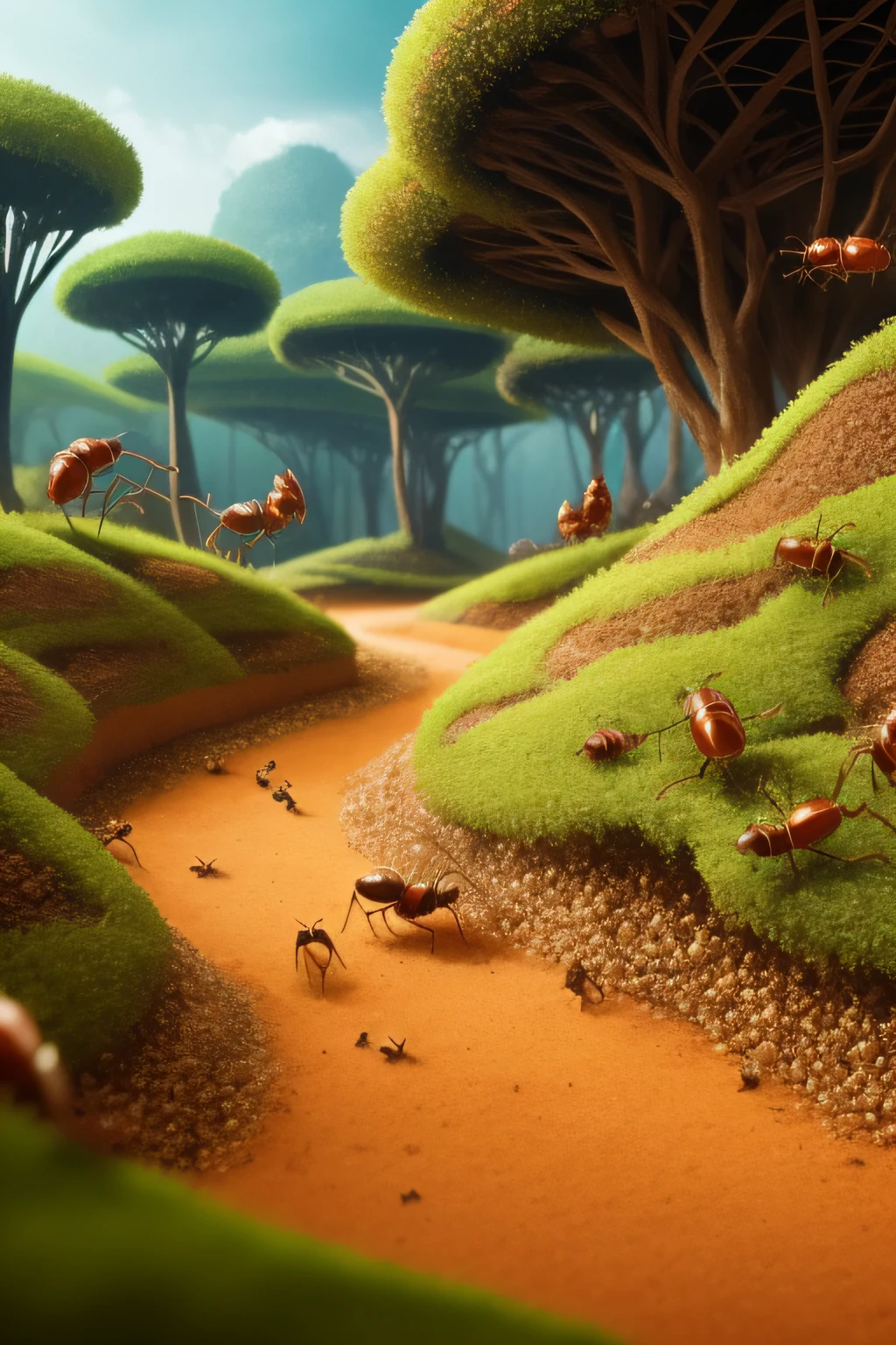 "an incredibly detailed and immersive scene depicting a bustling anthill, with ants scurrying around, intricate tunnels, and a vivid representation of the anthill's ecosystem"