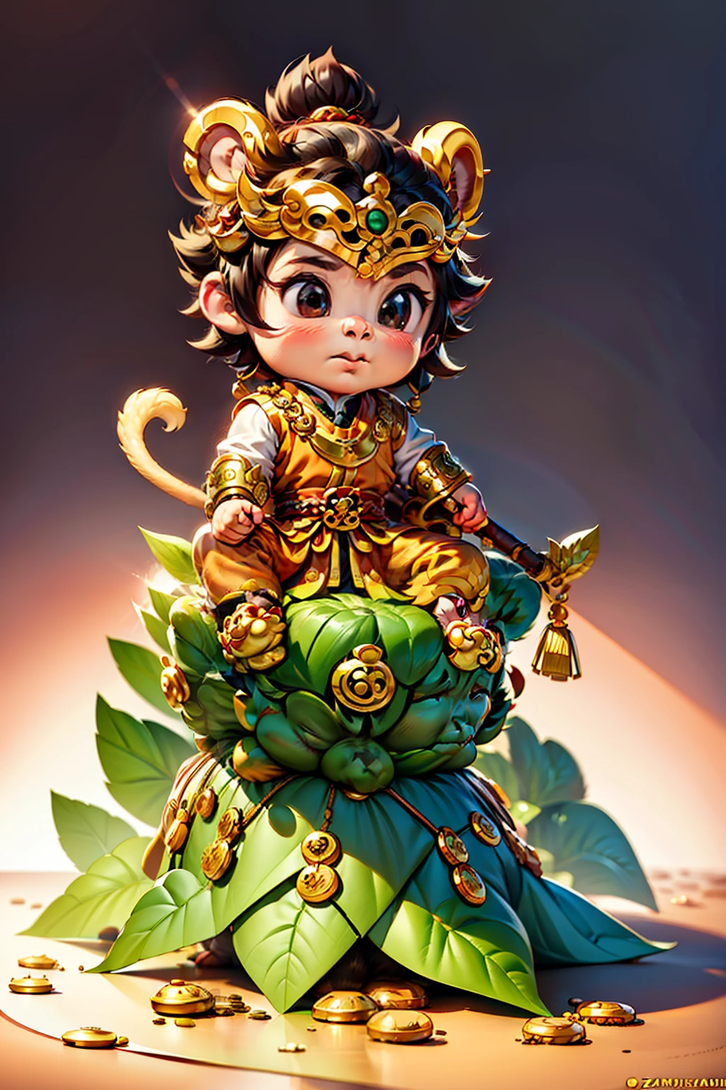 cartoon of a little boy sitting on a leaf with a cane, god of wealth, monkey king, sun wukong, sitting on a pile of gold coins, nezha, with many gold coins, character art of maple story, mapo tofu cartoon, wukong, guan yu, taoist priest, sitting on a leaf, nanquan, bian lian