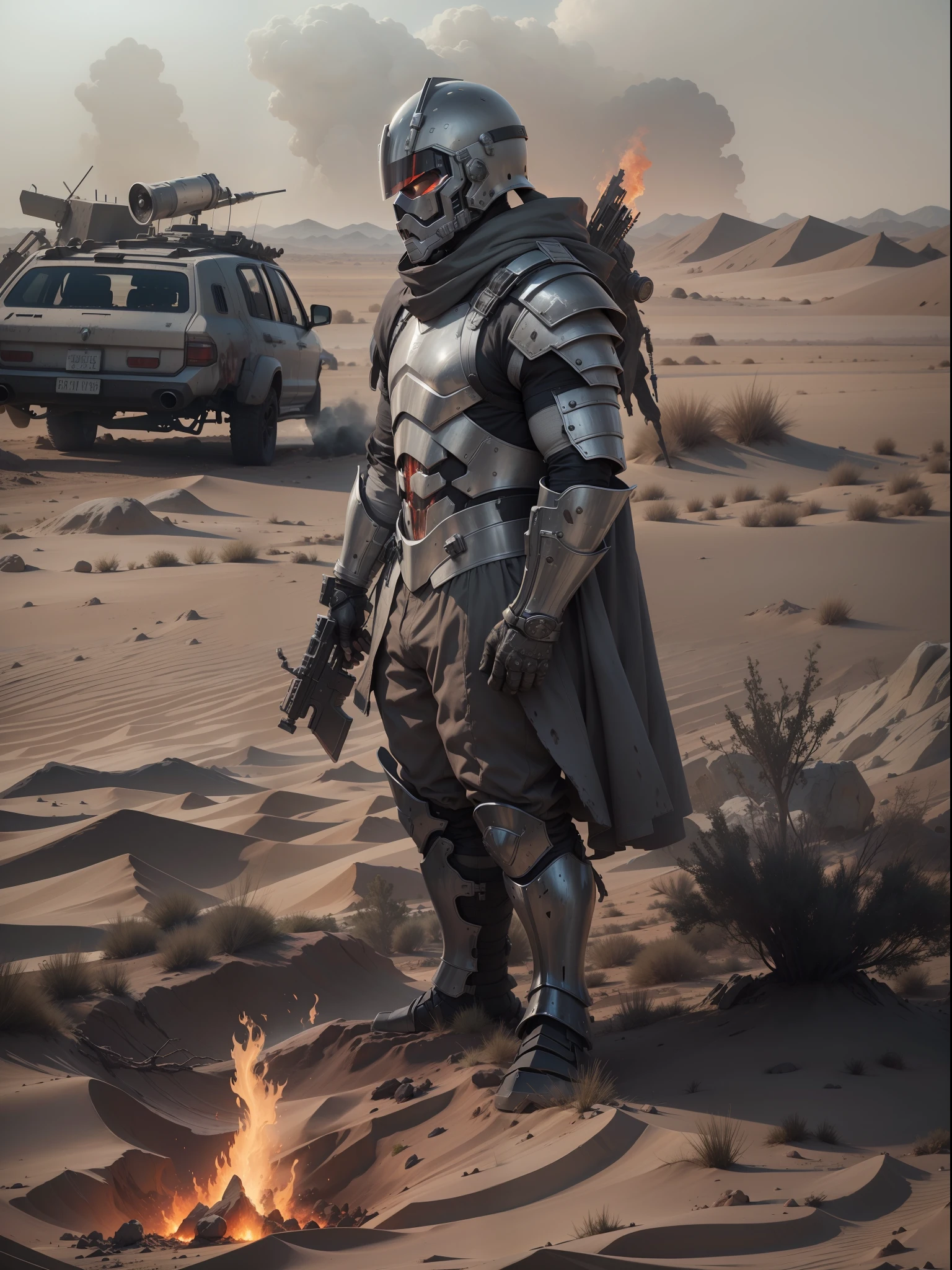 A brutal strong man stands with his back to us, Futuristic armor , Futuristic helmet with visor,Grey Desert , storm ,Sateen , The skeleton of the car is on fire, Post-Apocalypse,Blood on the sand