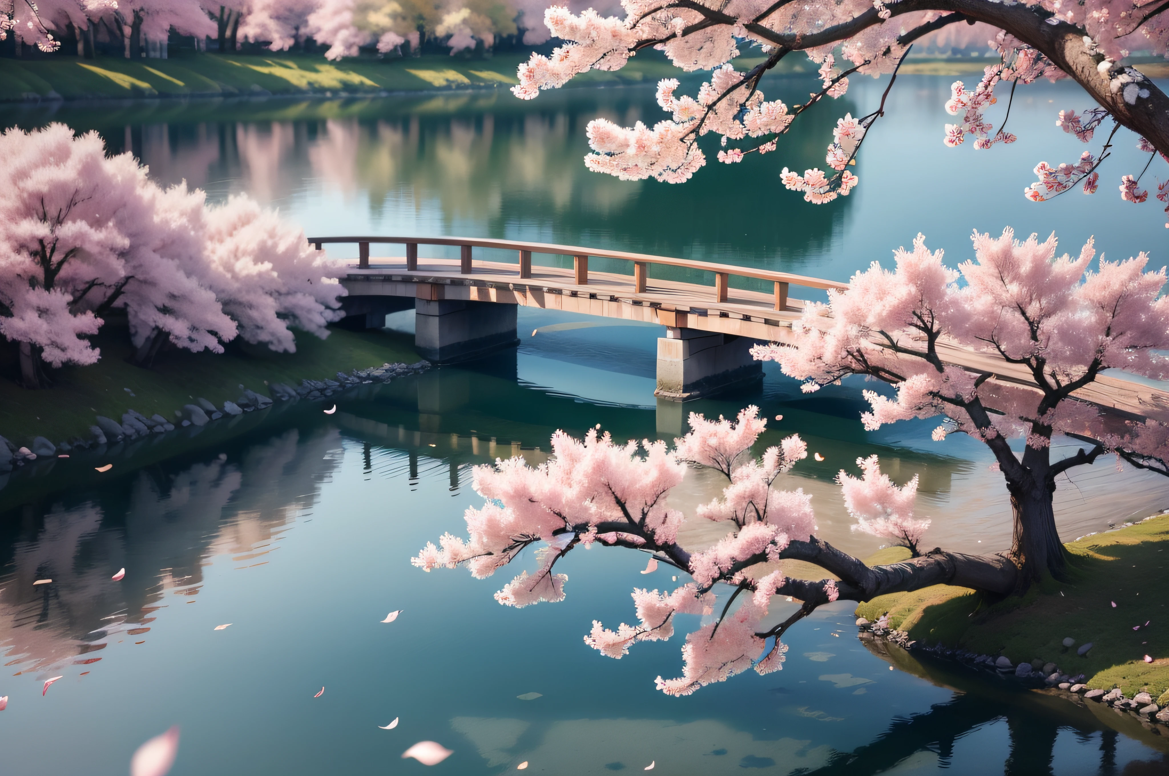 lake　cherry trees　flower petals　Cherry blossoms fall　The tree々