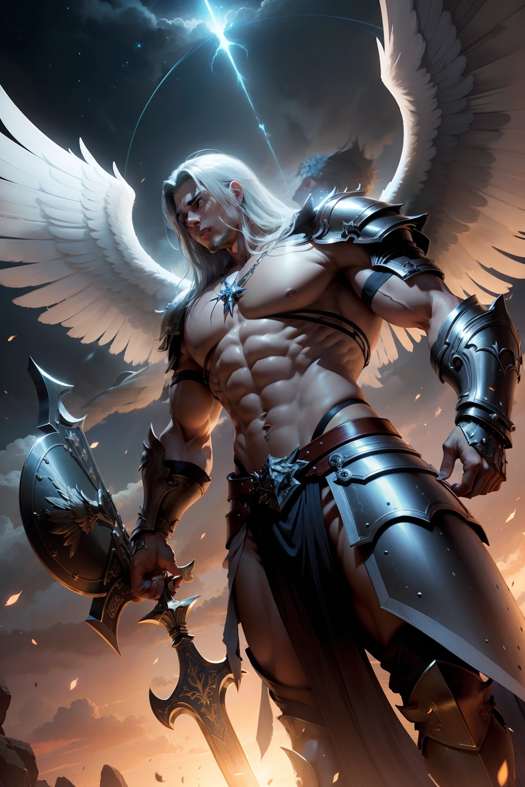 Create the image of an ultra-realistic bottomless sky man warrior angel with towering wings, feitas de penas douradas e prateadas que refletem a luz celestial. His armor is detailed, highlighting strong muscles and a majestic posture. With a heavenly sword studded with luminous gems in one hand and a shield decorated with divine symbols in the other, He prepares to protect the heavens from supernatural threats.