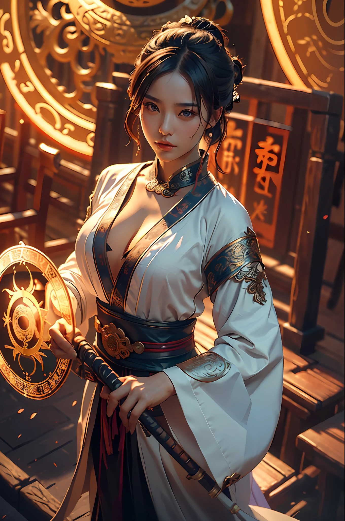 Best quality,masterpiece,ultra high res,(photorealistic:1.4),xiuxian,weapon,Detailed face,
1girl,solo,weapon,cleavage,(magic circle:1.2),xiuxian,upper body,Beautiful girl,full body,east asian architecture,sheath,architecture,