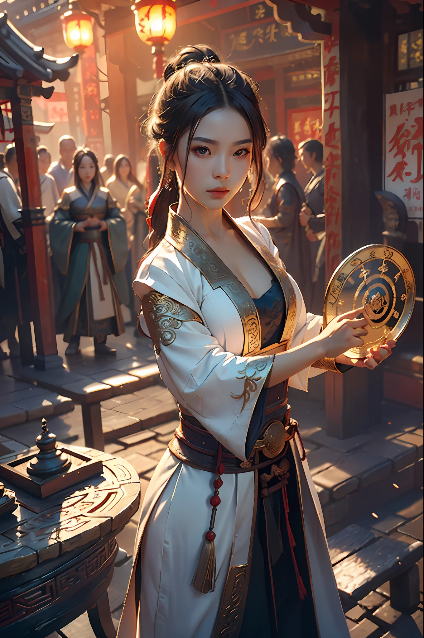 Best quality,masterpiece,ultra high res,(photorealistic:1.4),xiuxian,weapon,Detailed face,
1girl,solo,weapon,cleavage,(magic circle:1.2),xiuxian,upper body,Beautiful girl,full body,east asian architecture,sheath,architecture,
