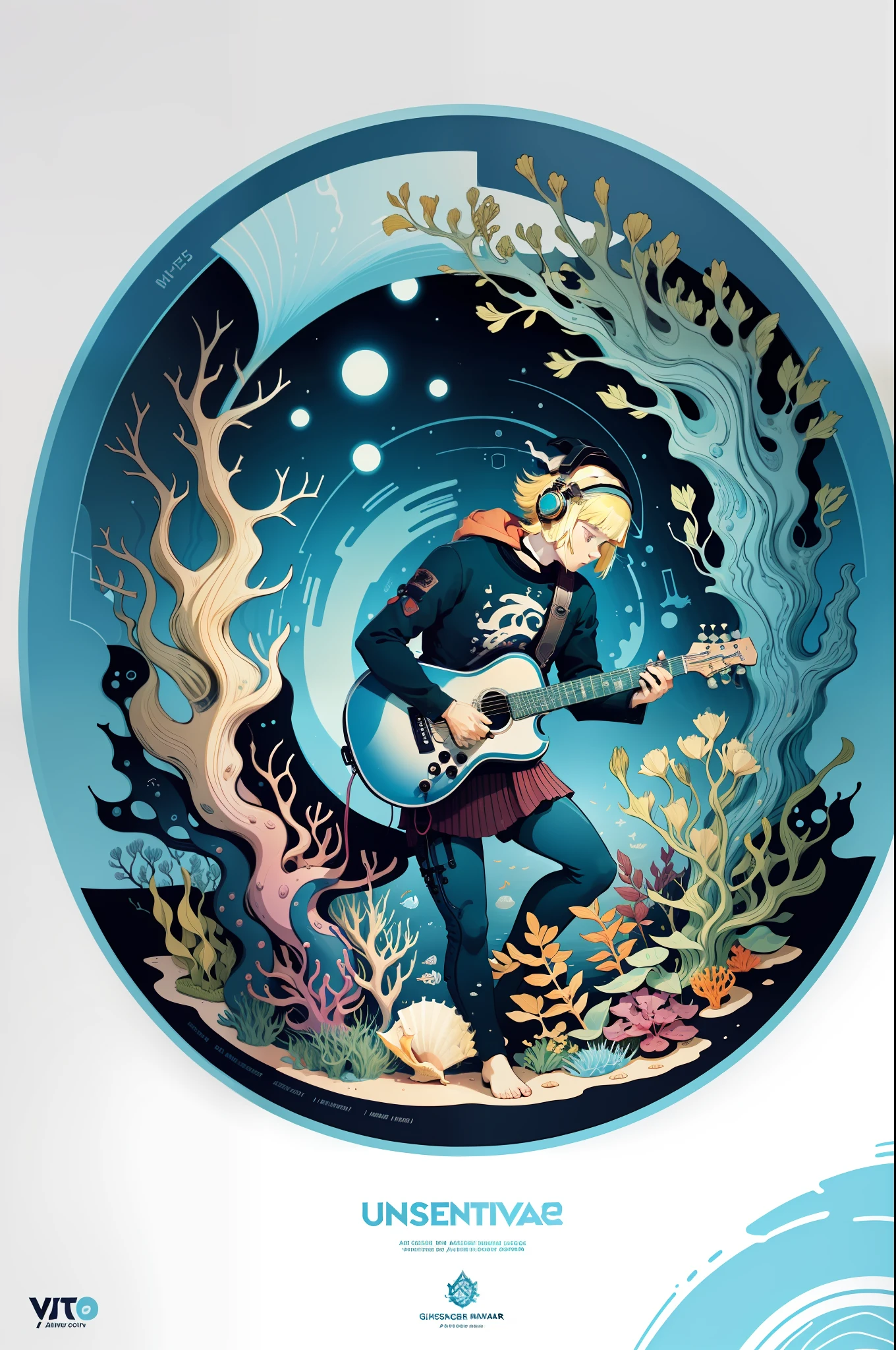 A guitar,undersea music festival,undersea,aquatic plants,shells,undersea plants,microbes,undersea concert,music festival poster,illustration,poster
design,graphic illustration,Victo Ngai Style