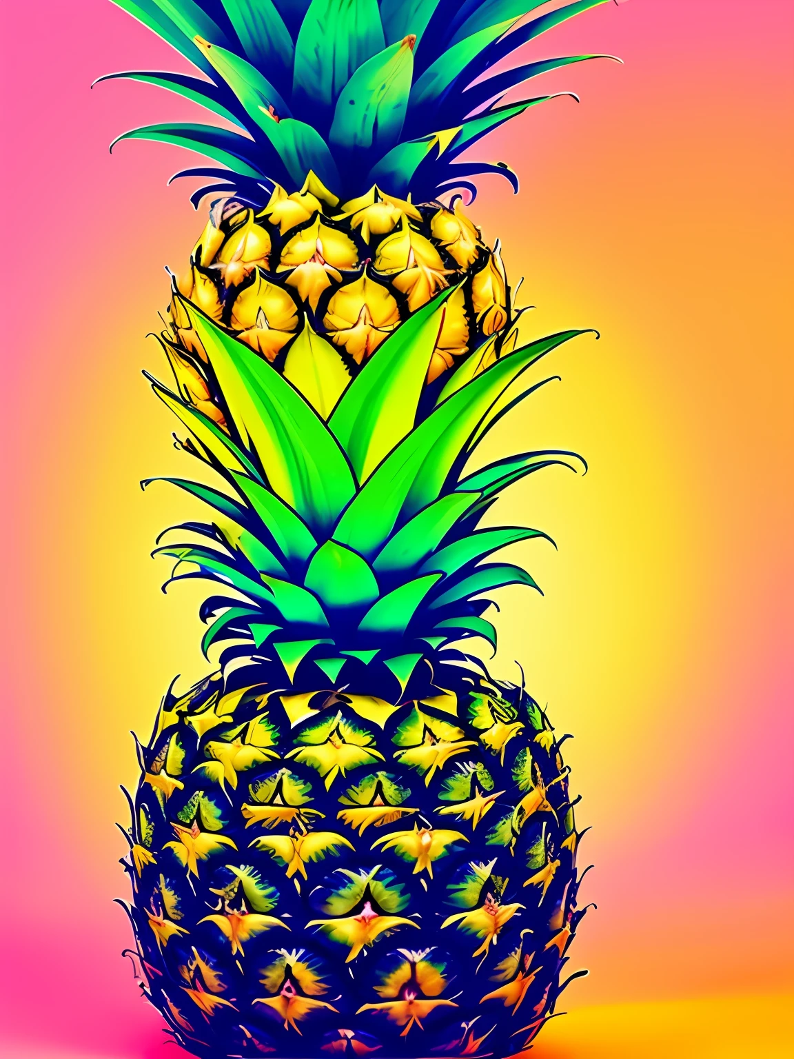 "Imagine uma obra de arte retratando um suculento, Abacaxi colorida, Bright as a rainbow. The pineapple is the central point of the composition, com suas formas arredondadas e contornos suaves, convidando os espectadores a apreciarem sua beleza. The color palette is vibrant and lush, with rich and vivid tones that blend harmoniously on the surface of the pineapple. Vermelhos intensos, laranjas brilhantes, amarelos dourados, verdes exuberantes, azuis profundos e roxos encantadores criam uma sinfonia de cores que envolvem a fruta. Small details of light and shadow add depth and realism to the image, Making Pineapple Look Almost Palpable. Through this artistic representation, Pineapple turns into a symbol of vitality, frescor e alegria, cativando os espectadores e convidando-os a saborear sua beleza colorida."