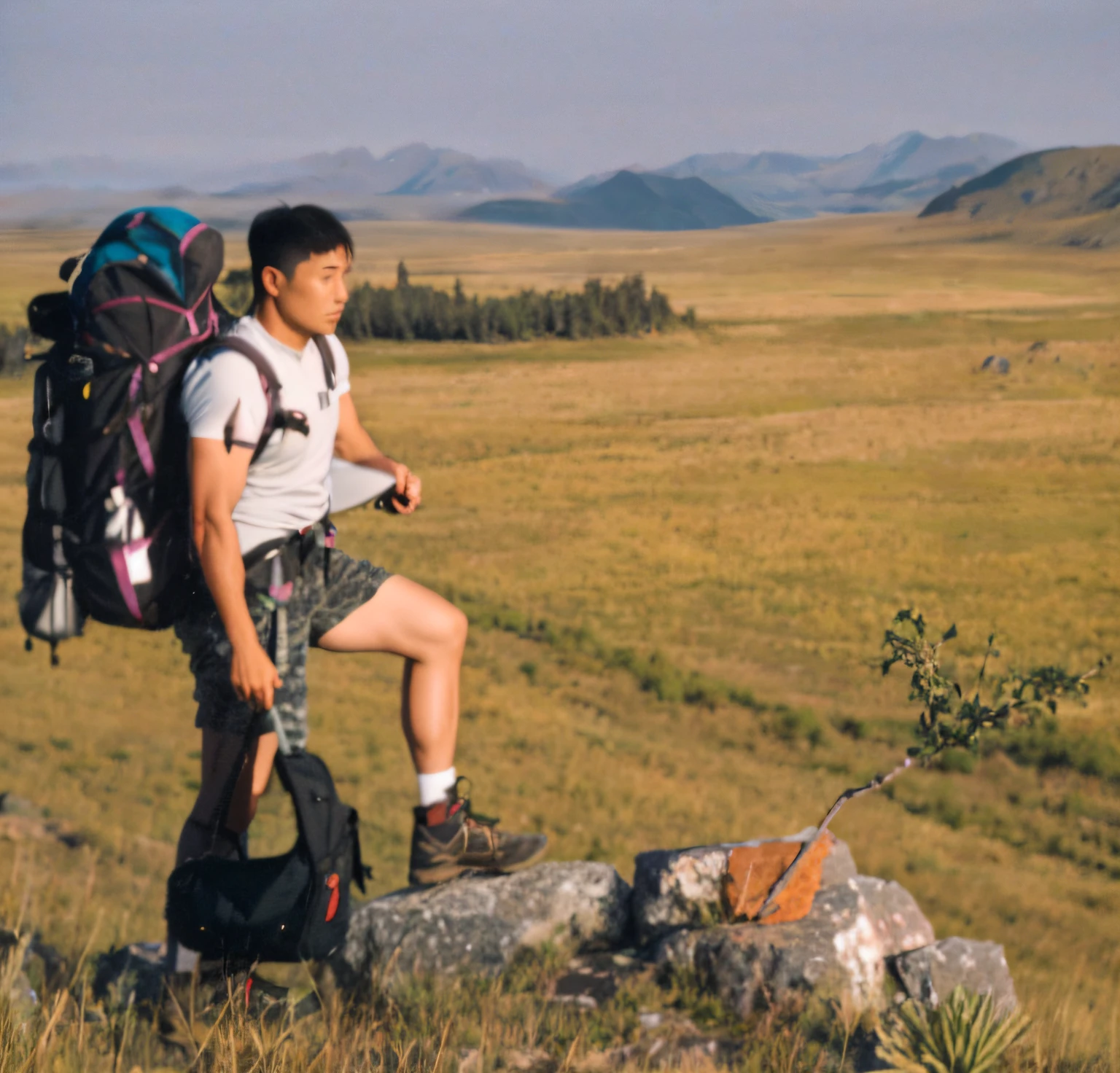 there is a man with a backpack standing on a rock, in the steppe, near lake baikal, standing on boulder, craig wylie, profile picture, standing on rock, adventure, with a backpack, mongolia, working out in the field, standing on a rock, hiking clothes, photo taken from far away, wearing adventuring gear