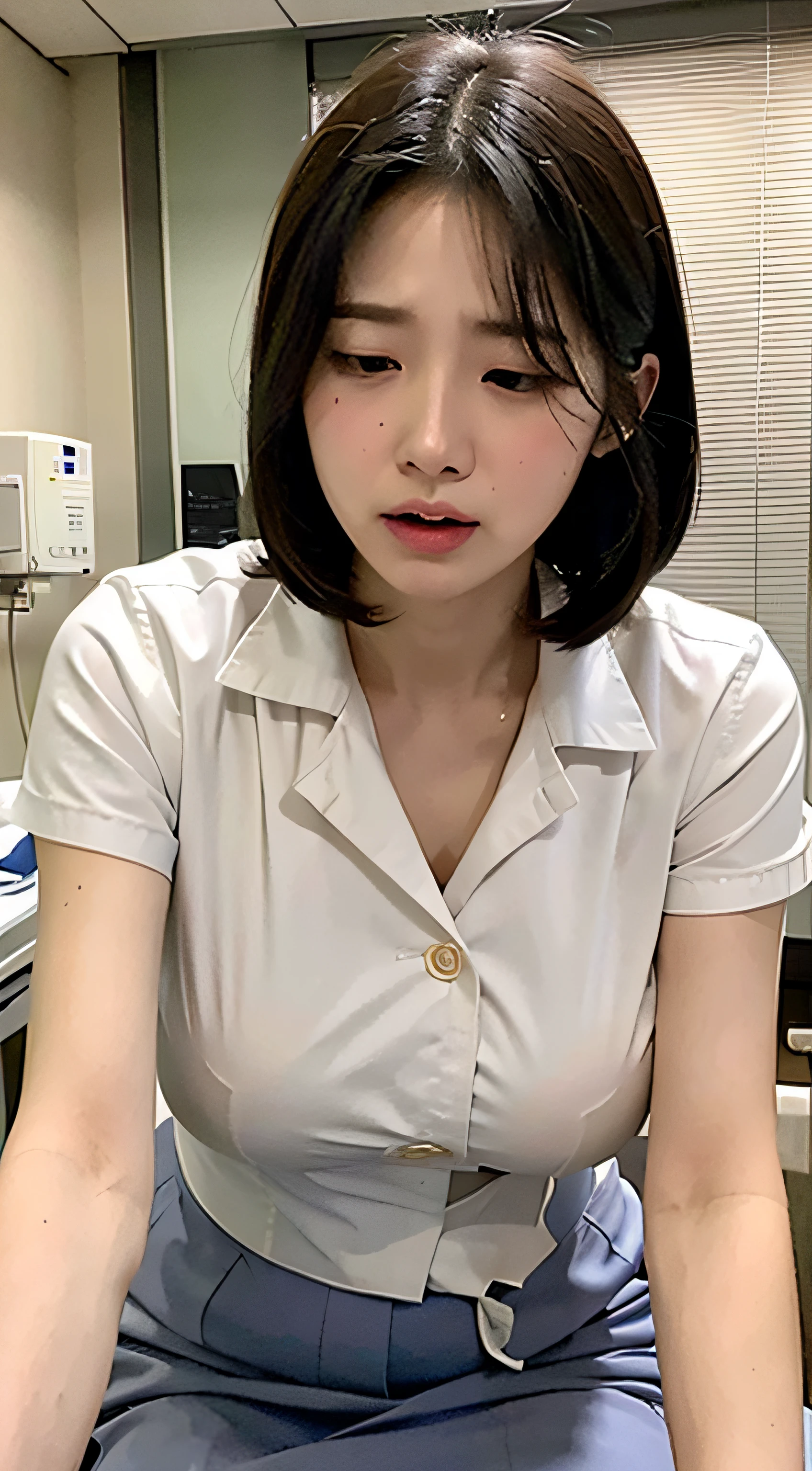In a hospital,White nurse's uniform,cross-eye,huge tit,weeping ,Extremely exciting,Suffocating,Can't breathe,climaxing,climaxing,Hyperemia of facial skin,Rapid heartbeat,It's almost gone, To go,scowling,Blushlush,Trembling