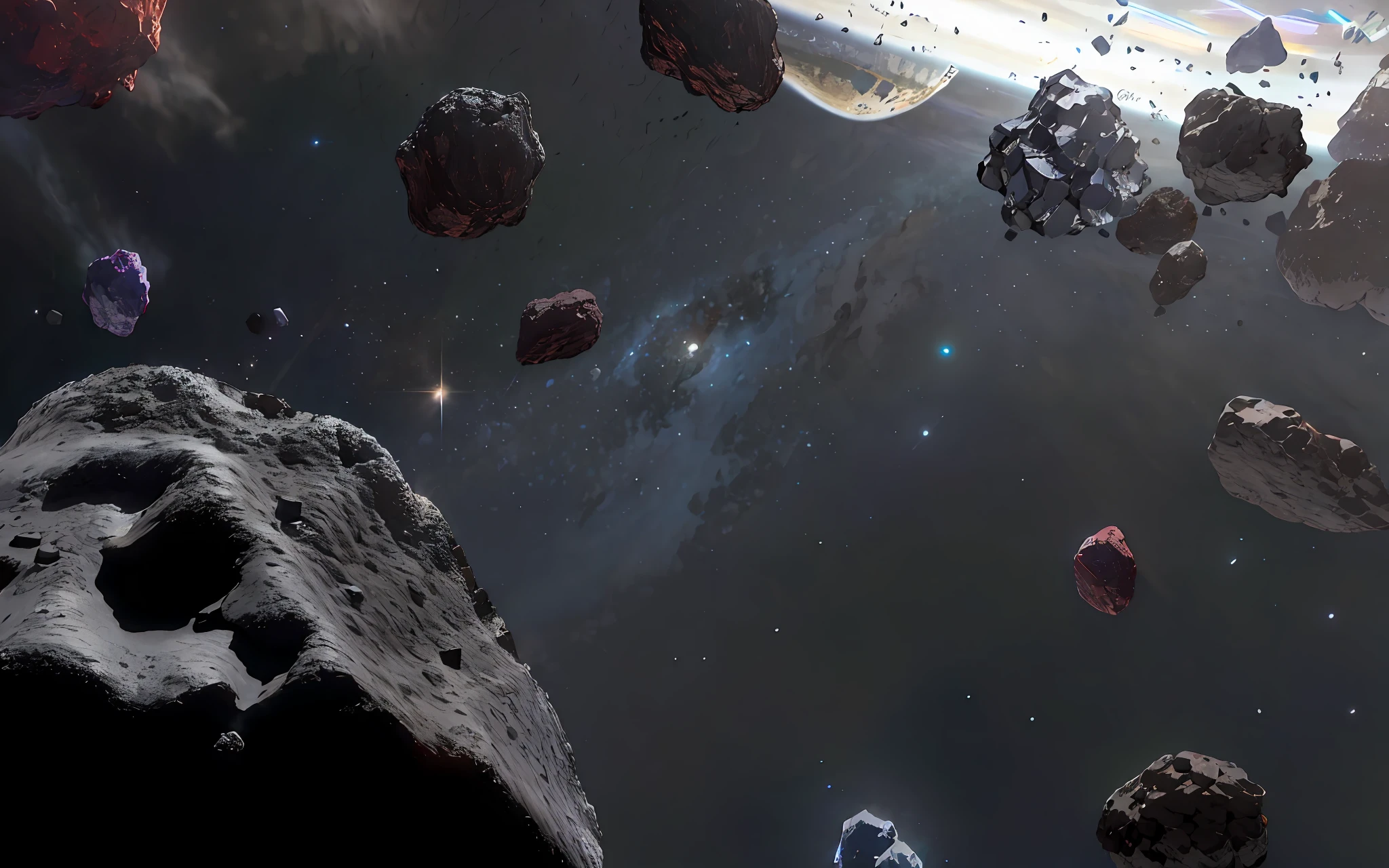 There are a lot of small stones and small stones in the space, asteroids realistic cinematic, asteroids, On the surface of an asteroid, The asteroid belt in the distance, Asteroid belt, star citizen concept art, metallic asteroid, star citizen digital art, Meteor Fall, spaceships flying in background, meteors are falling from the sky, spaceships flying around, cinematic space scenery