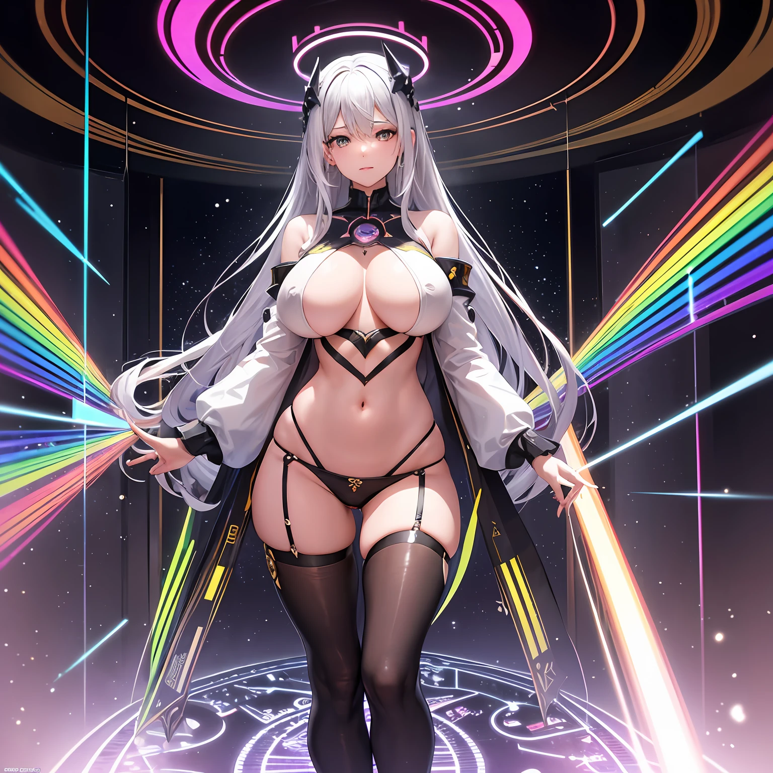 high image, super detail, high resolution, anime, manga, illustration, cute woman, amorous expression, seductive look, alluring moist half open lips, flowing layered messy half-up knitting silver hair style, sparkling eyes, huge breasts, under boob, great proportion, perfect proportion, slender, full body, background Northern Renaissance style, fantasy, galaxy, magic circle, kaleidoscope, give off rainbow and gold neon light many lines radially from floor and ceiling, cyber punk, water splash