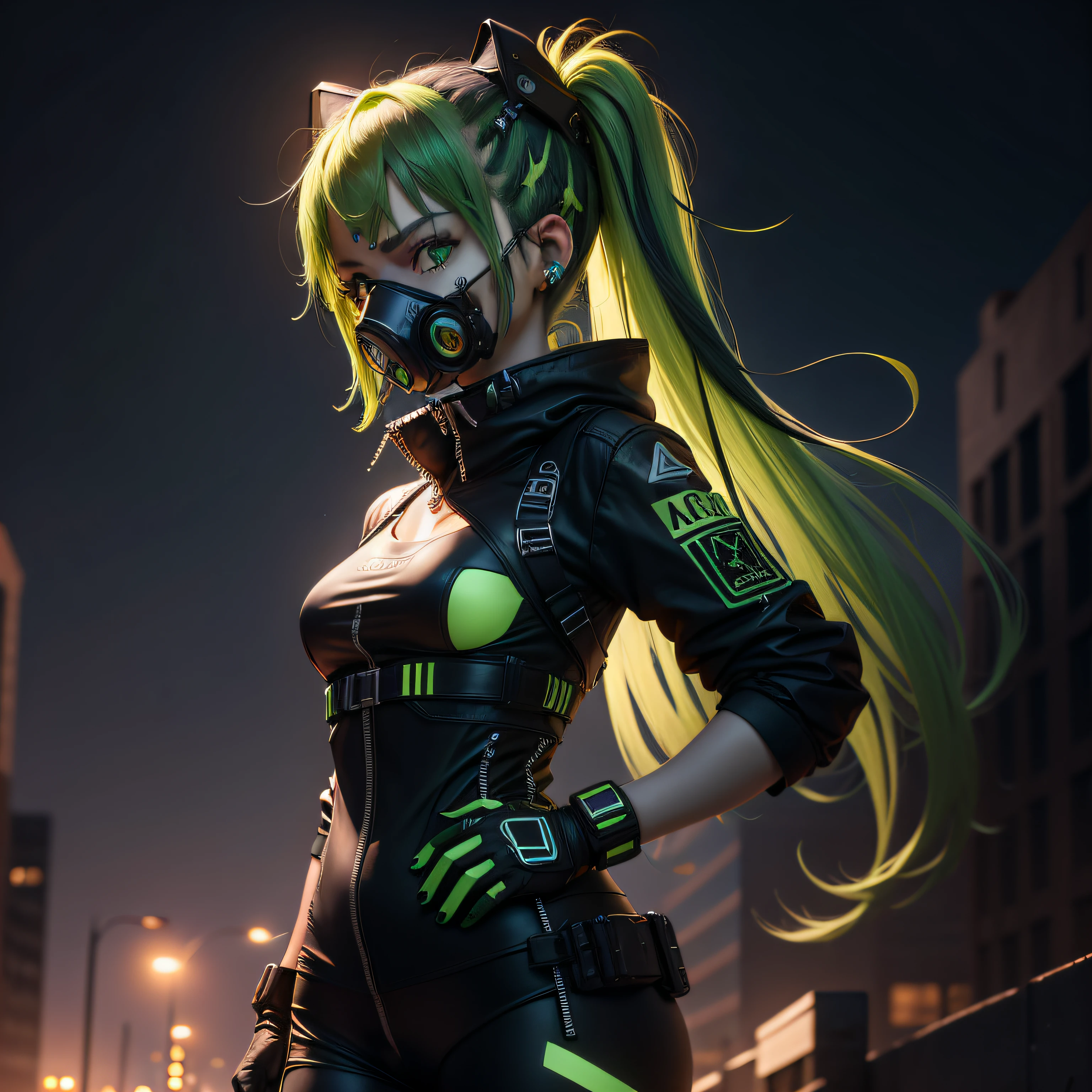 ultra detalhe, alta resolução, ultra detalhado, melhor qualidade, Awesome, qualidade superior, extremamente detalhado CG unidade de papel de parede 8k, cinematic lighthing, pretty girl with black pigtail hair with green tips wearing a gas mask with green accents and wearing a black protective suit with a high collar, cyberpunk, dark girl