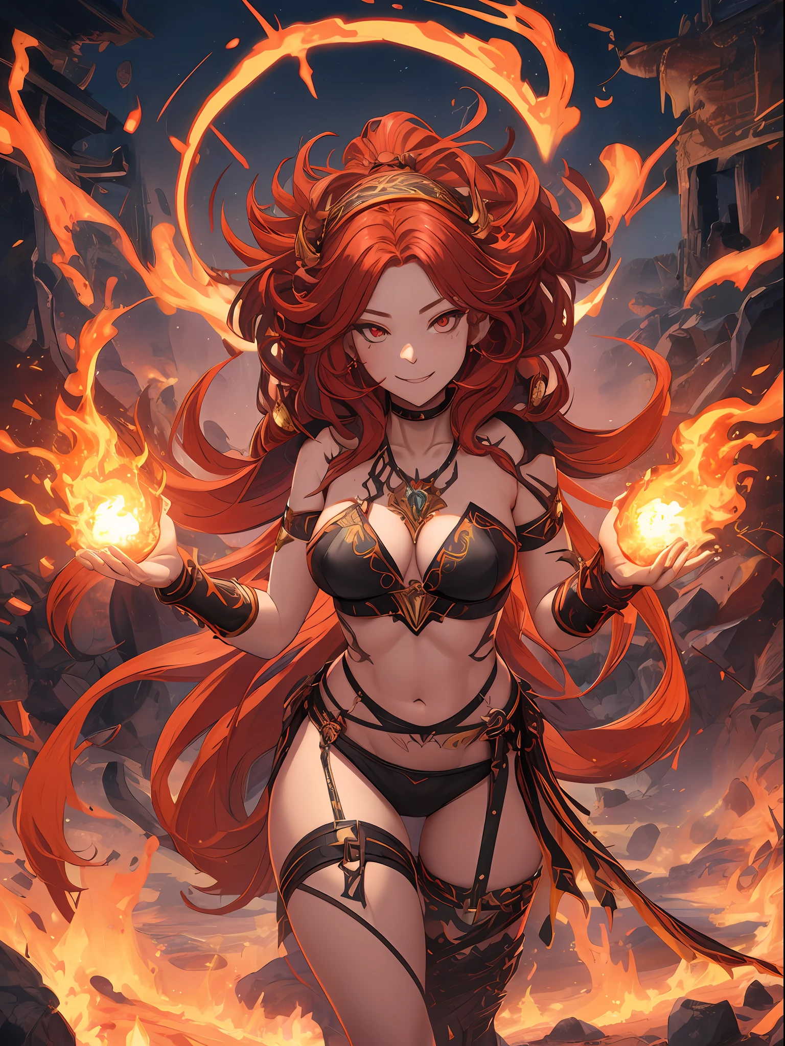 Pyromancer queen, 1girl, Long braided hair, volcano hairband ornament, well endowed animated style, wide hips, perfect face, redhead hair color, (fire and ashes bikini, flames), evil grin, volcabo bracers, jewelry, ice ornate necklace, collarbone, anatomy, symmetrical body paint tattoo, action pose, battle stance, prfm style, double eyelid, smile, holding a Fireball