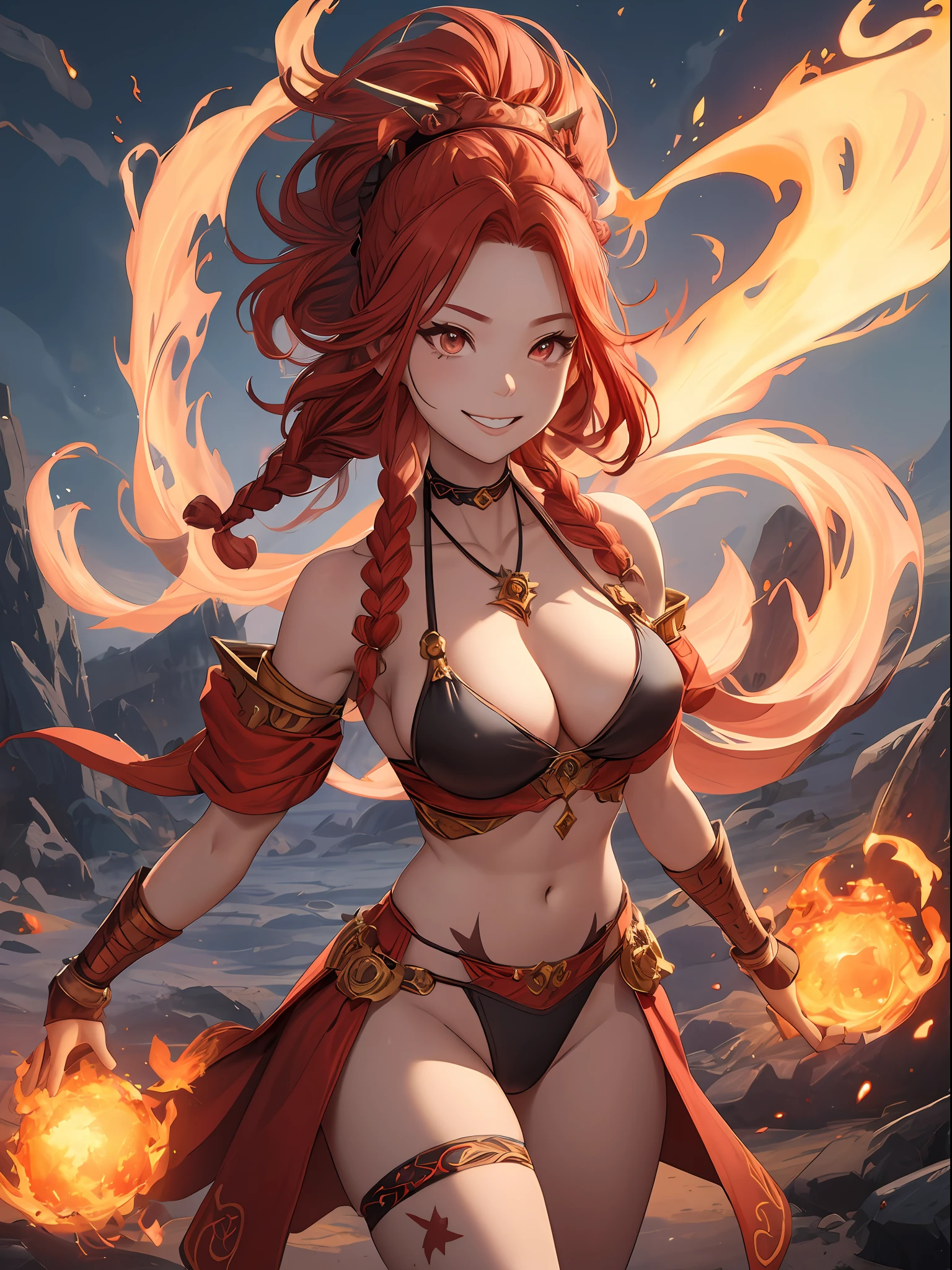 Pyromancer queen, 1girl, Long braided hair, volcano hairband ornament, well endowed animated style, wide hips, perfect face, redhead hair color, (fire and ashes bikini, flames), evil grin, volcabo bracers, jewelry, ice ornate necklace, collarbone, anatomy, symmetrical body paint tattoo, action pose, battle stance, prfm style, double eyelid, smile, holding a Fireball